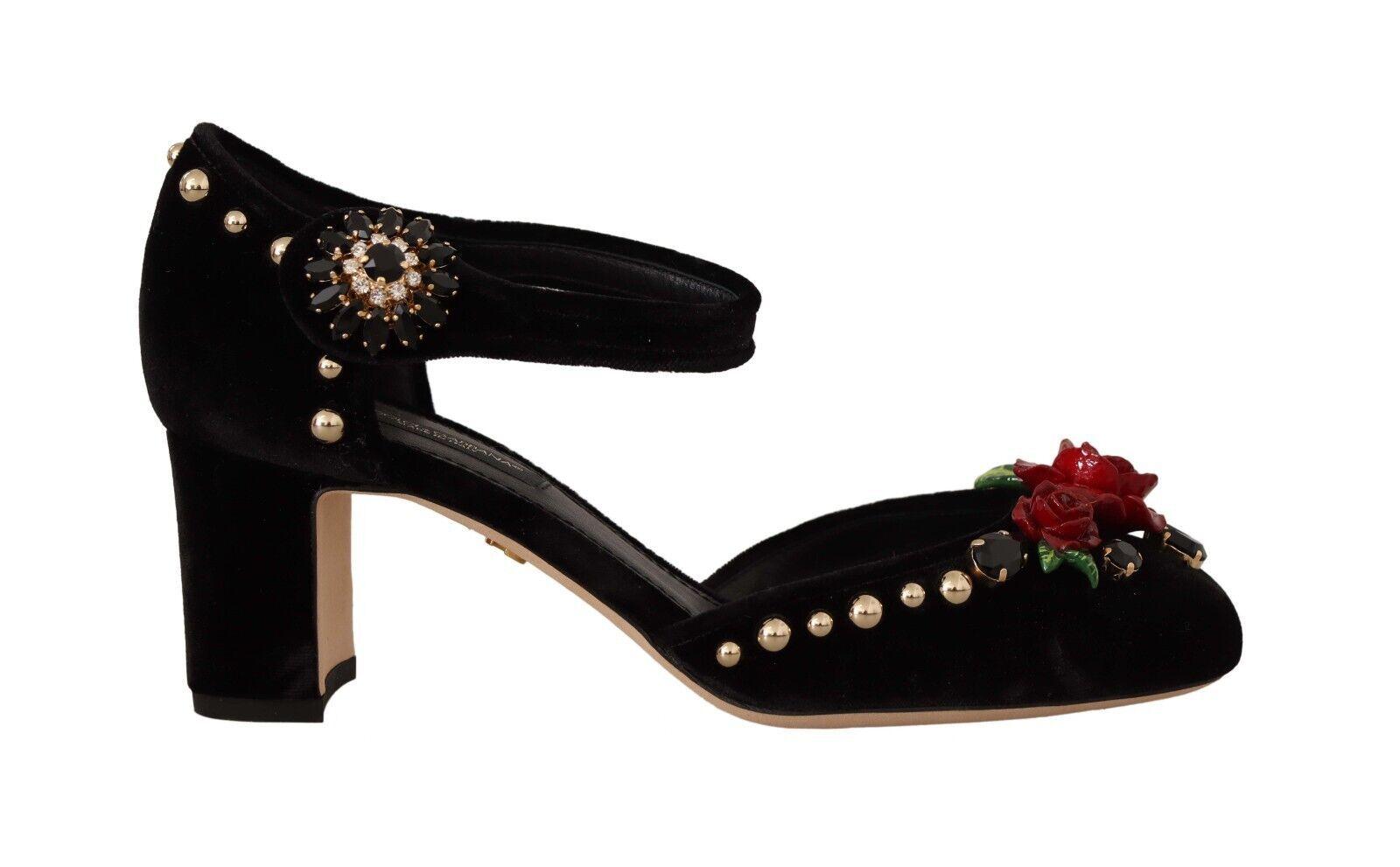 Dolce & Gabbana Black Crystal Rose Heel Sandals - Arichezz.store