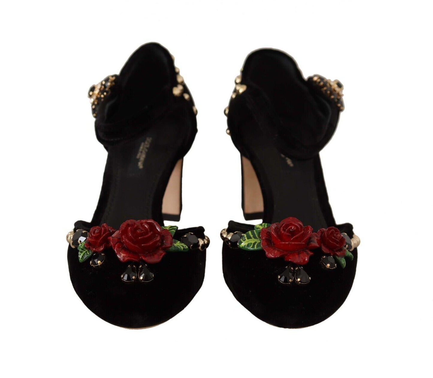 Dolce & Gabbana Black Crystal Rose Heel Sandals - Arichezz.store