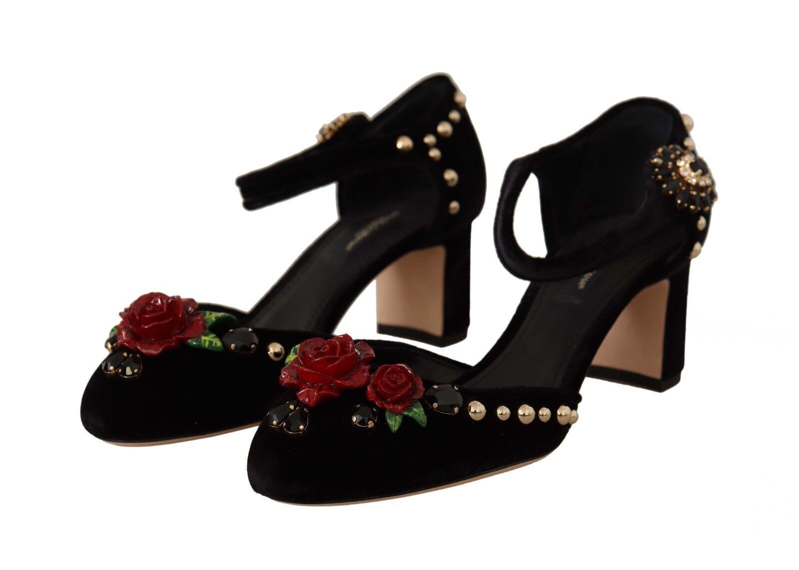 Dolce & Gabbana Black Crystal Rose Heel Sandals - Arichezz.store