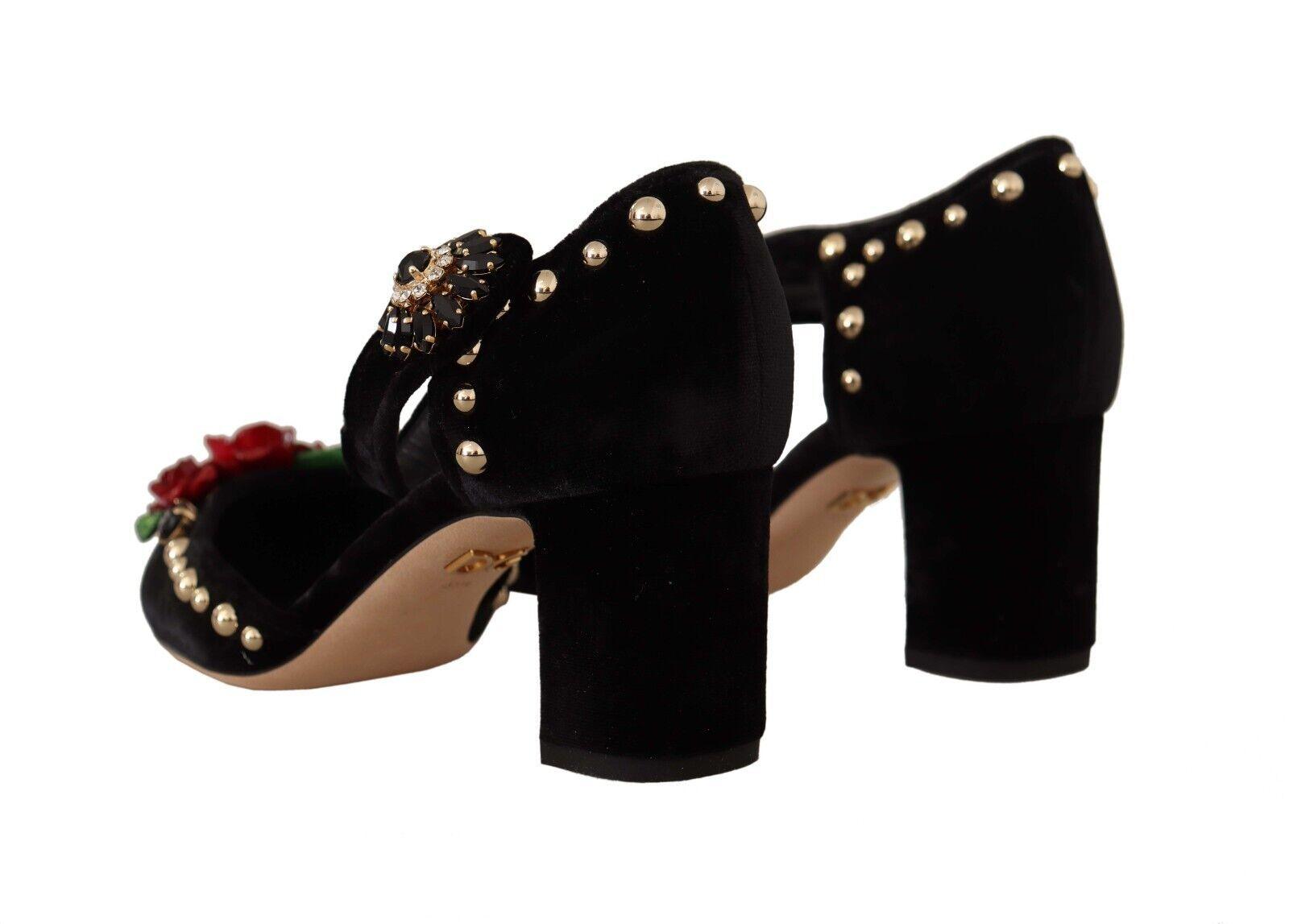 Dolce & Gabbana Black Crystal Rose Heel Sandals - Arichezz.store