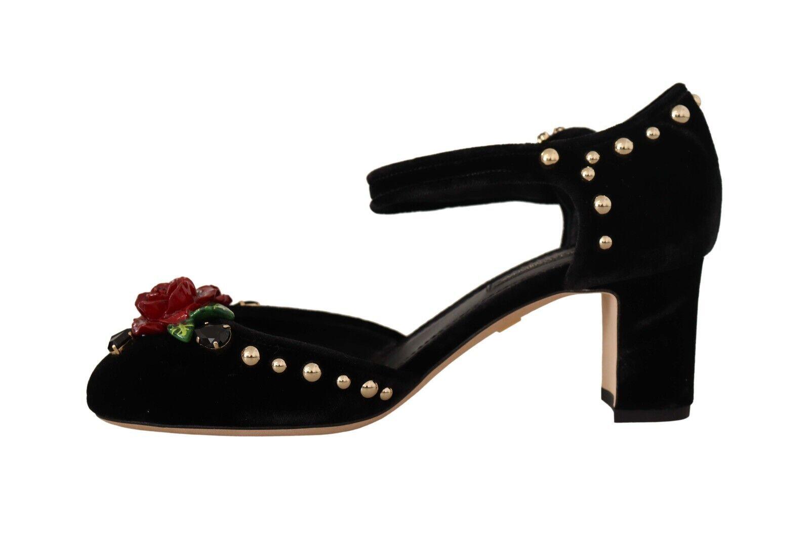 Dolce & Gabbana Black Crystal Rose Heel Sandals - Arichezz.store