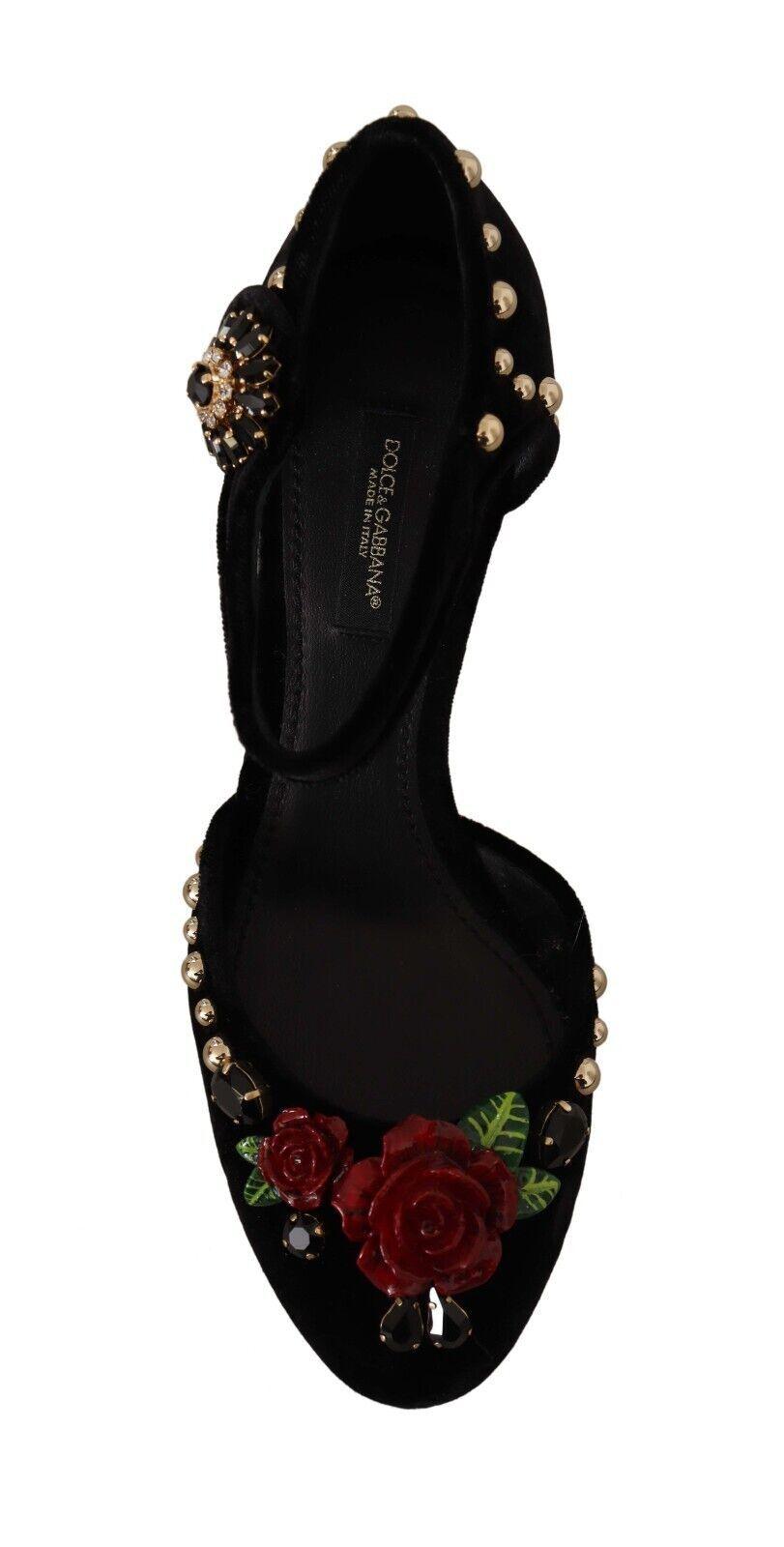 Dolce & Gabbana Black Crystal Rose Heel Sandals - Arichezz.store