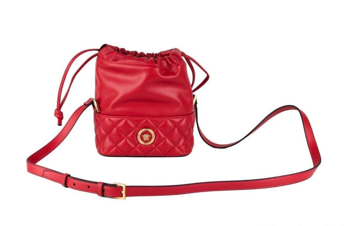 Versace Red Quilted Leather Drawstring Shoulder Bag Bucket Crossbody Handbag - Arichezz.store