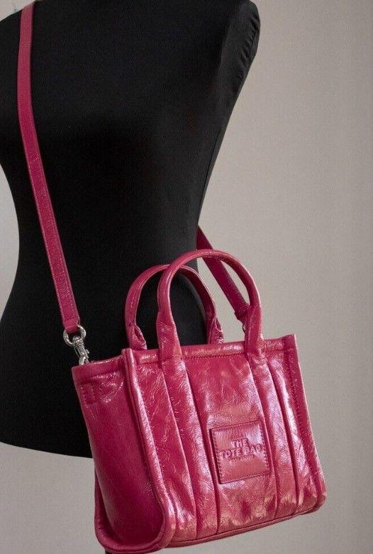 Marc Jacobs The Shiny Crinkle Mini Tote Magenta Leather Crossbody Handbag Purse - Arichezz.store