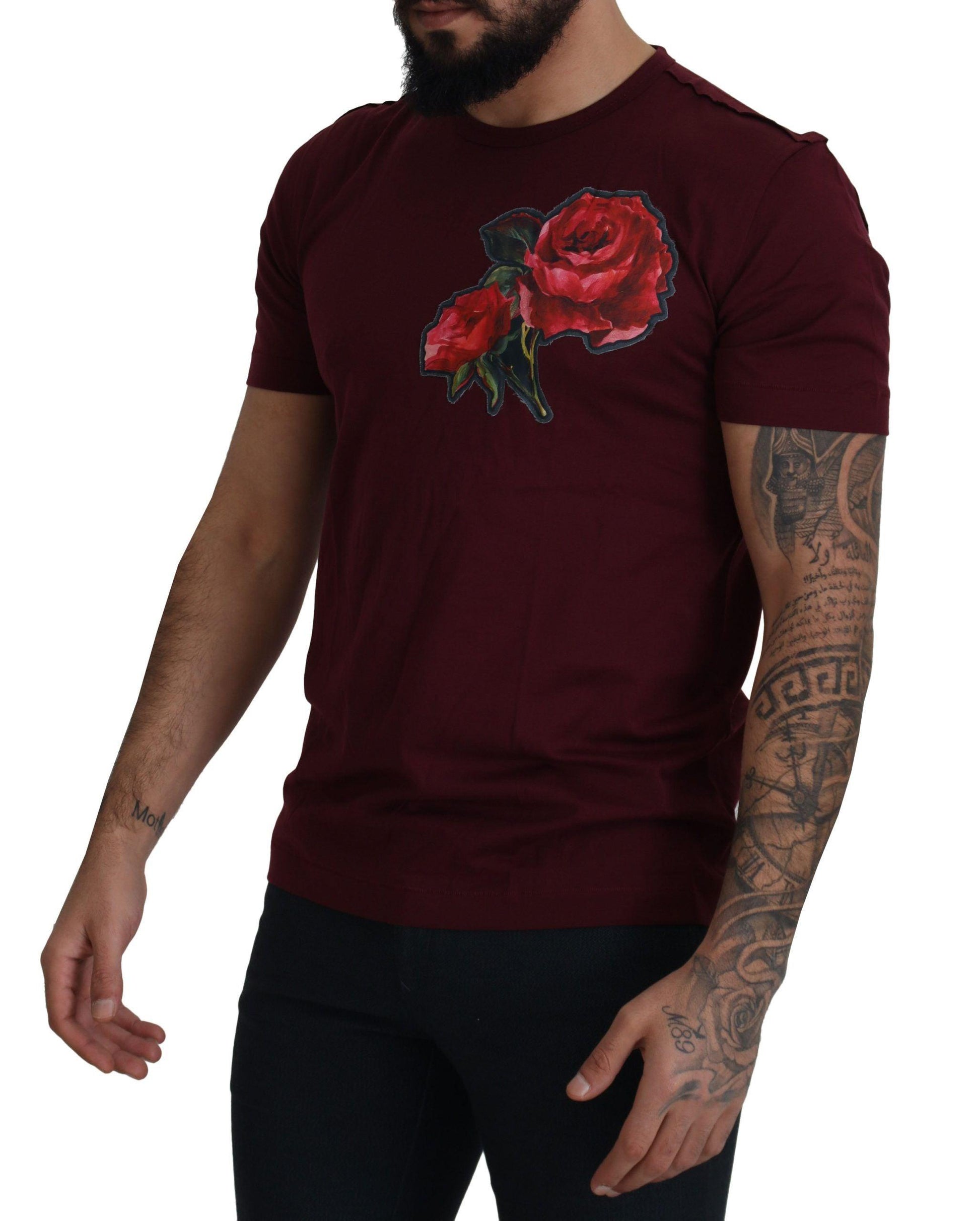 Dolce & Gabbana Elegant Bordeaux Roses Motif Crewneck Tee - Arichezz.store