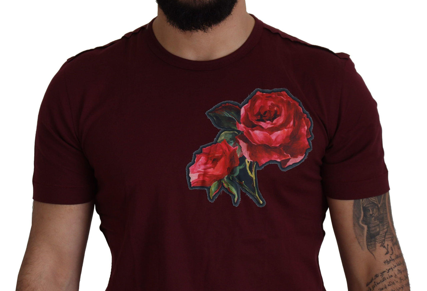 Dolce & Gabbana Elegant Bordeaux Roses Motif Crewneck Tee - Arichezz.store