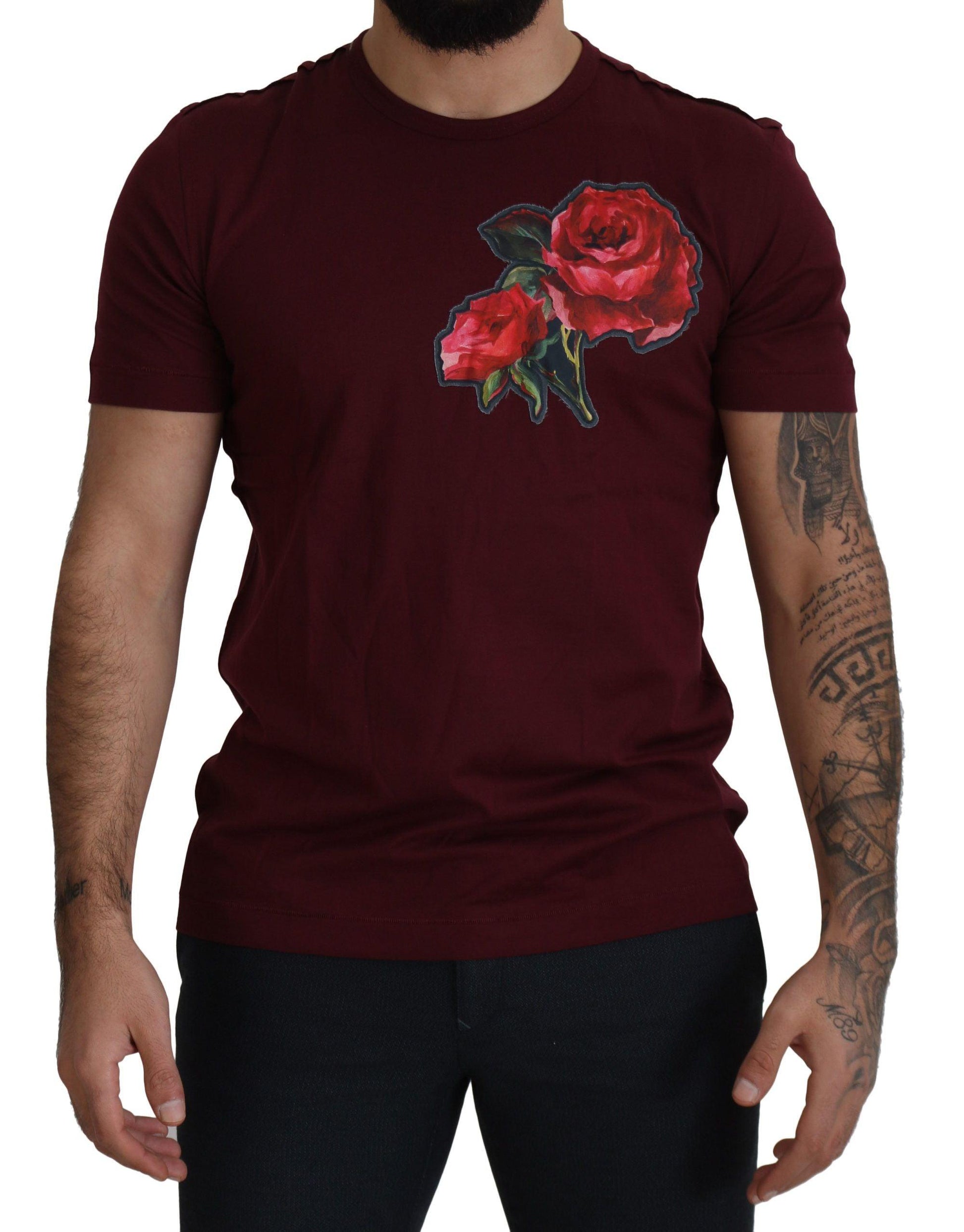 Dolce & Gabbana Elegant Bordeaux Roses Motif Crewneck Tee - Arichezz.store