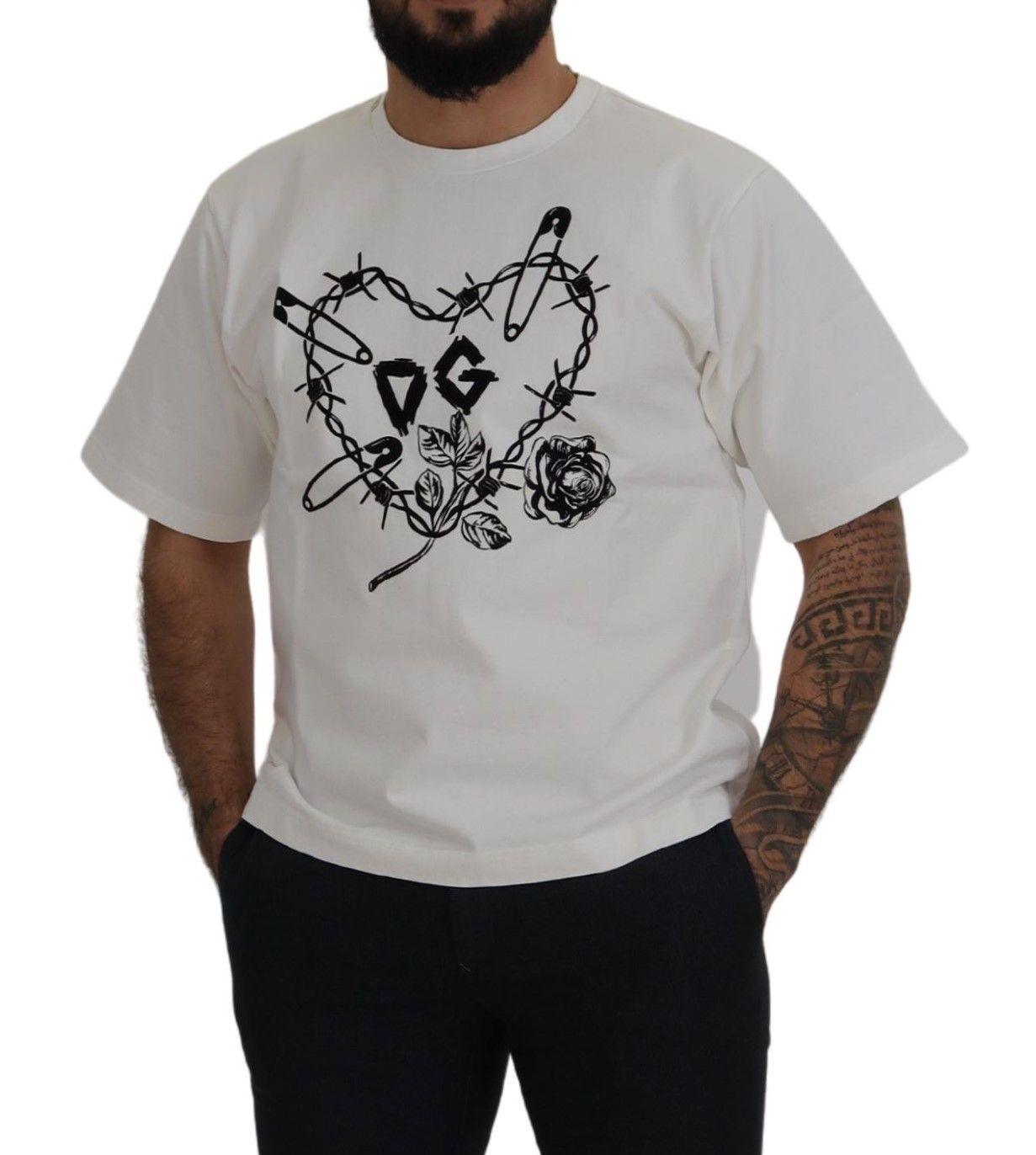 Dolce & Gabbana Elegant White Heart Roses Crewneck Tee - Arichezz.store