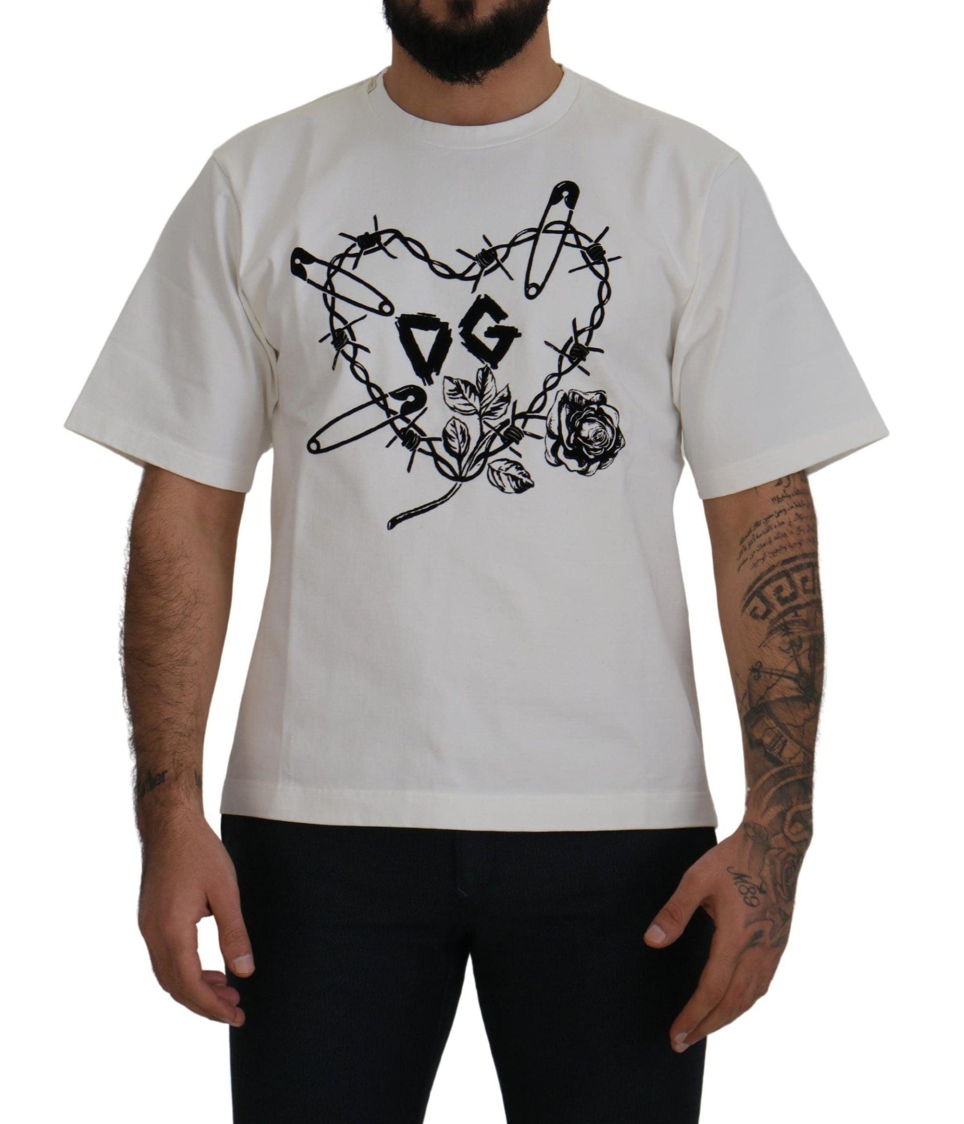 Dolce & Gabbana Elegant White Heart Roses Crewneck Tee - Arichezz.store