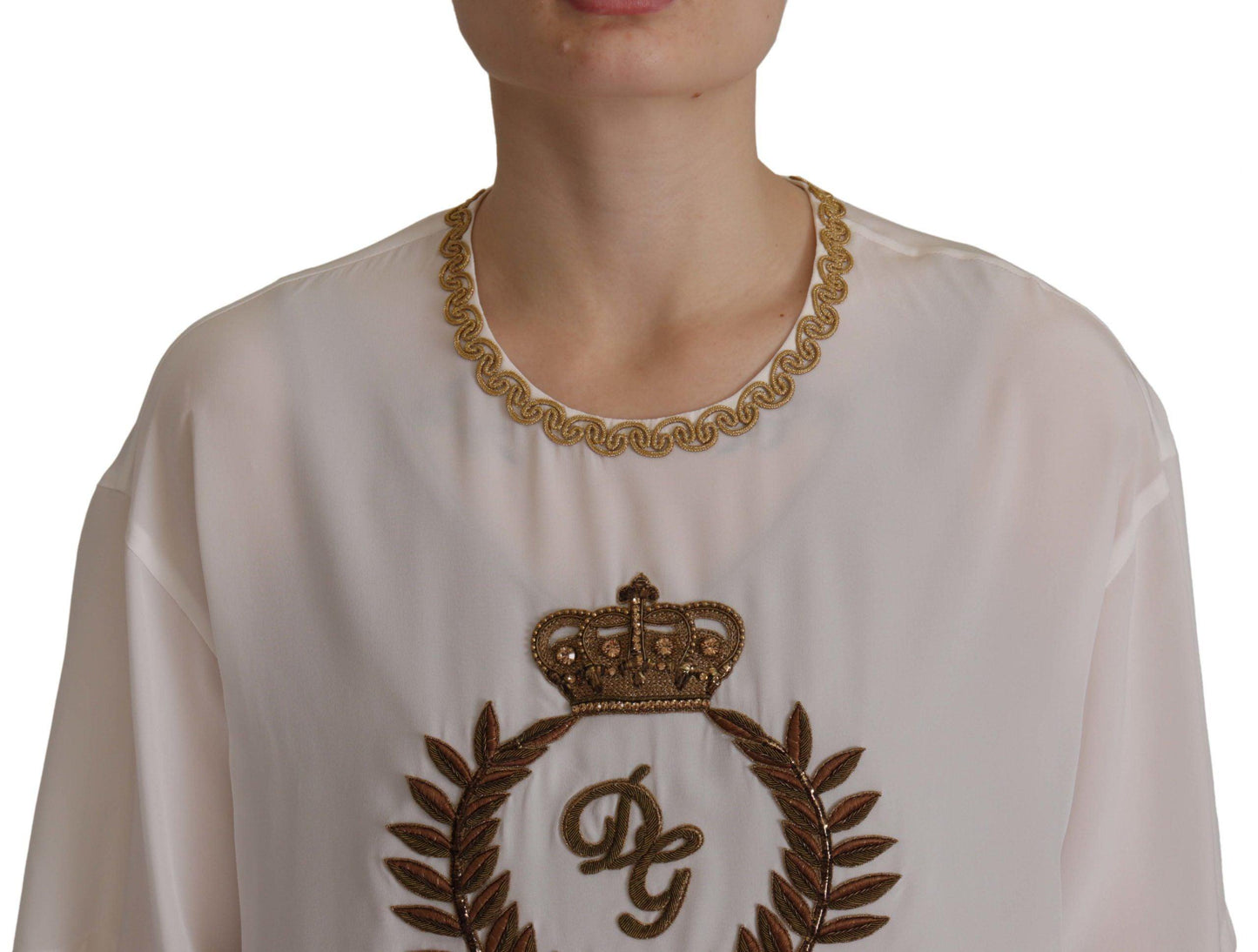 Dolce & Gabbana Elegant Silk Blouse with Gold Crown Embroidery - Arichezz.store