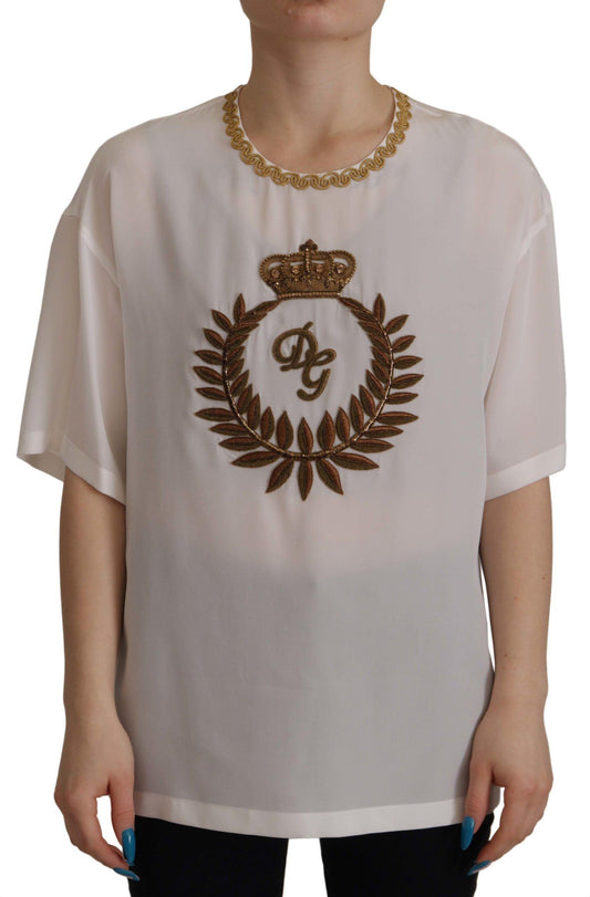 Dolce & Gabbana Elegant Silk Blouse with Gold Crown Embroidery - Arichezz.store