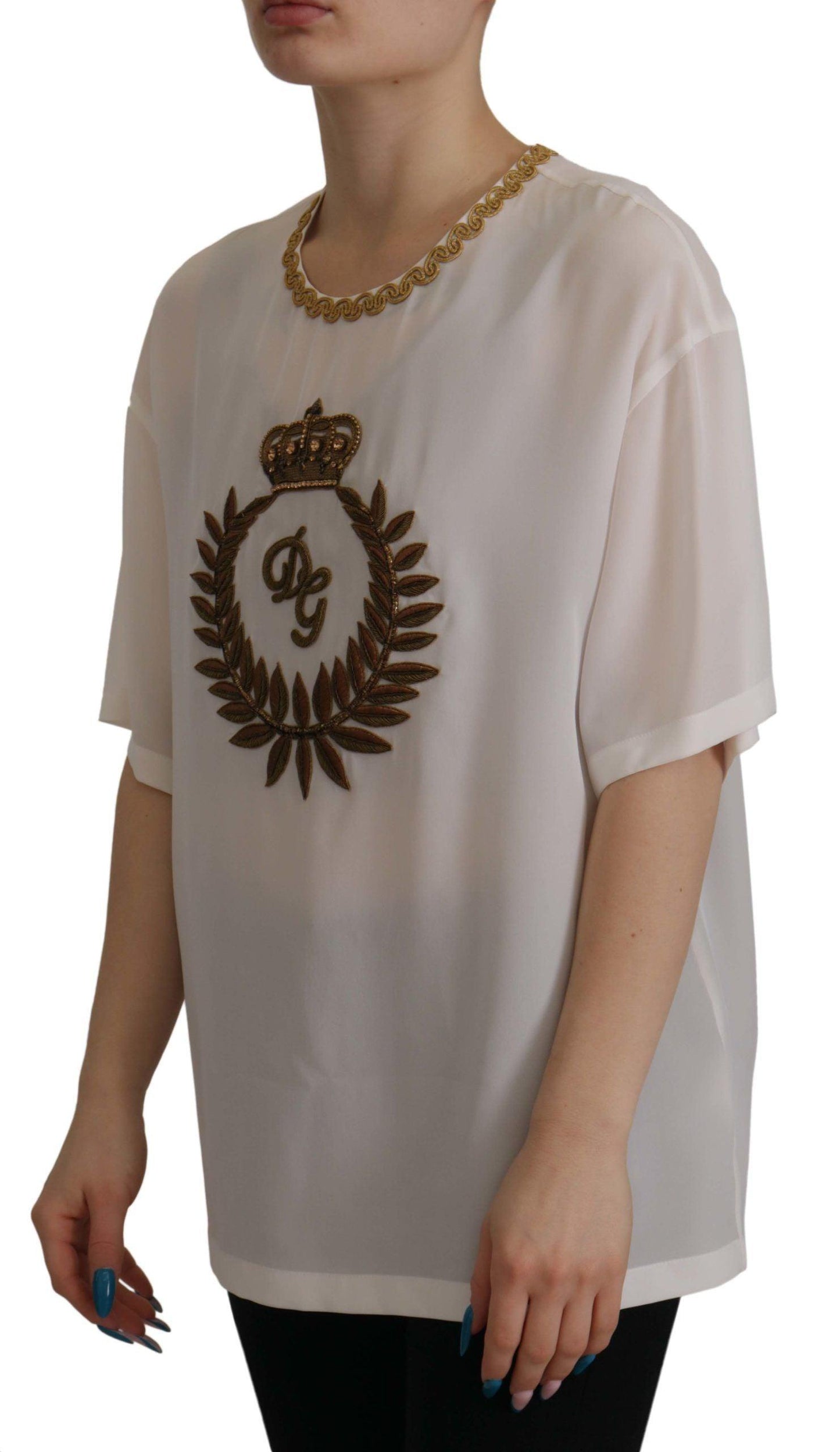 Dolce & Gabbana Elegant Silk Blouse with Gold Crown Embroidery - Arichezz.store