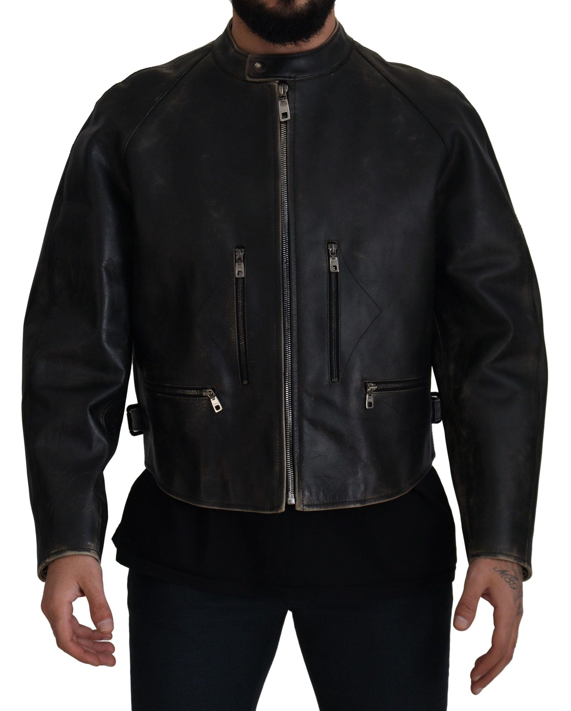 Dolce & Gabbana Elegant Black Leather Jacket with Silver Details - Arichezz.store