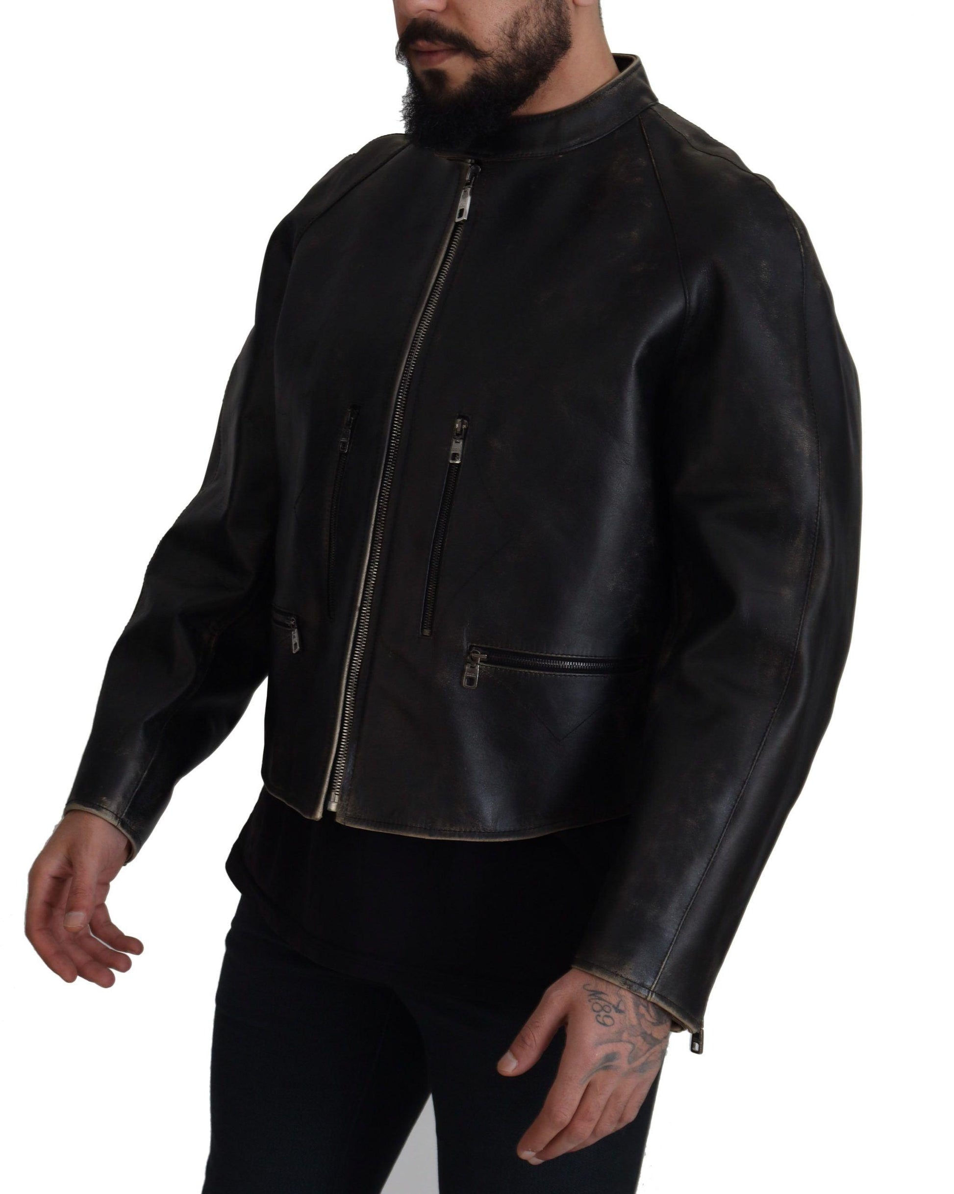 Dolce & Gabbana Elegant Black Leather Jacket with Silver Details - Arichezz.store