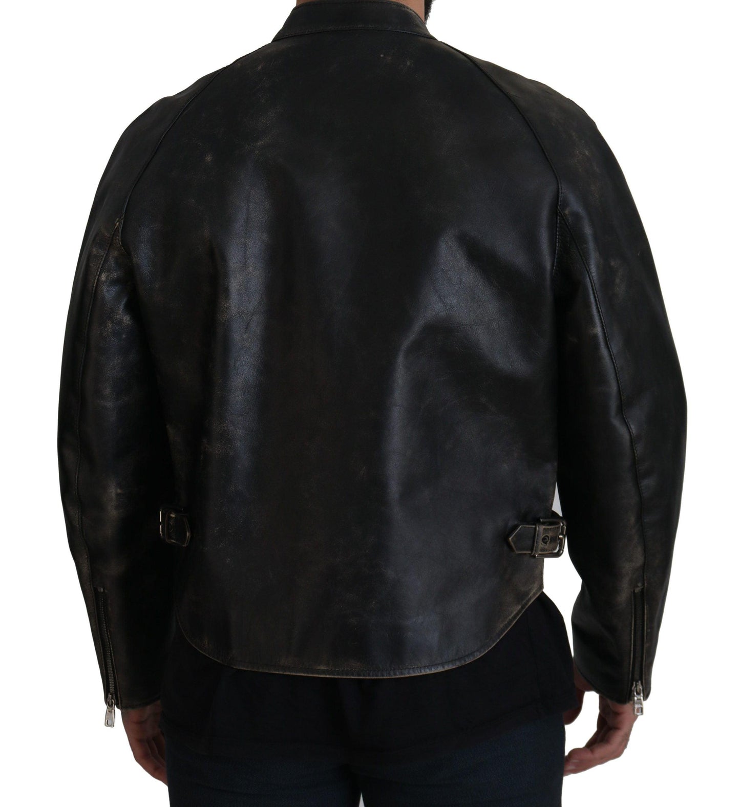 Dolce & Gabbana Elegant Black Leather Jacket with Silver Details - Arichezz.store