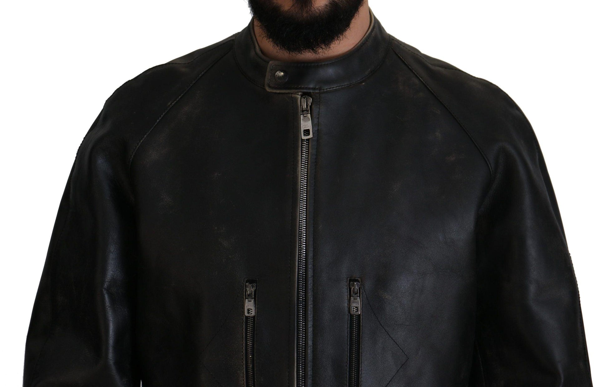 Dolce & Gabbana Elegant Black Leather Jacket with Silver Details - Arichezz.store