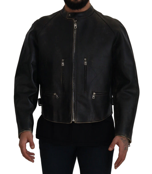 Dolce & Gabbana Elegant Black Leather Jacket with Silver Details - Arichezz.store