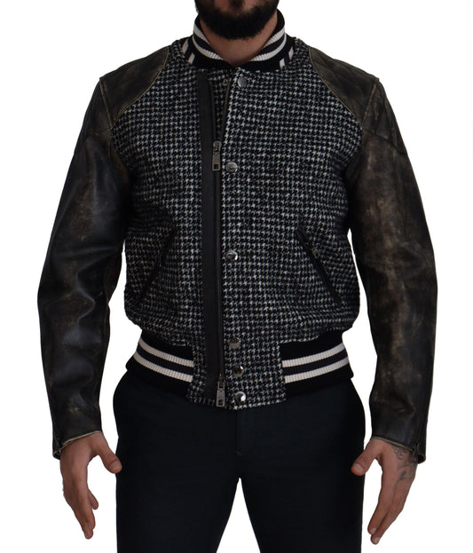 Dolce & Gabbana Multicolor Houndstooth Leather Bomber Jacket - Arichezz.store