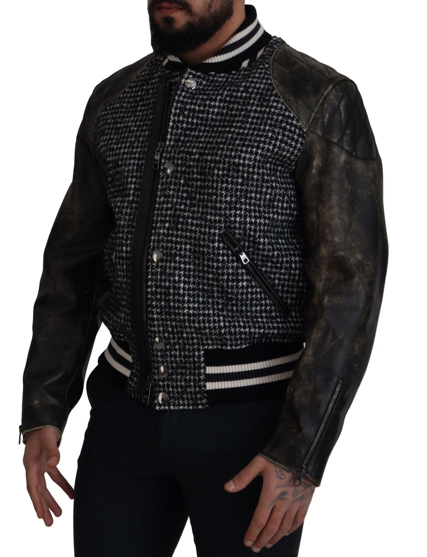 Dolce & Gabbana Multicolor Houndstooth Leather Bomber Jacket - Arichezz.store