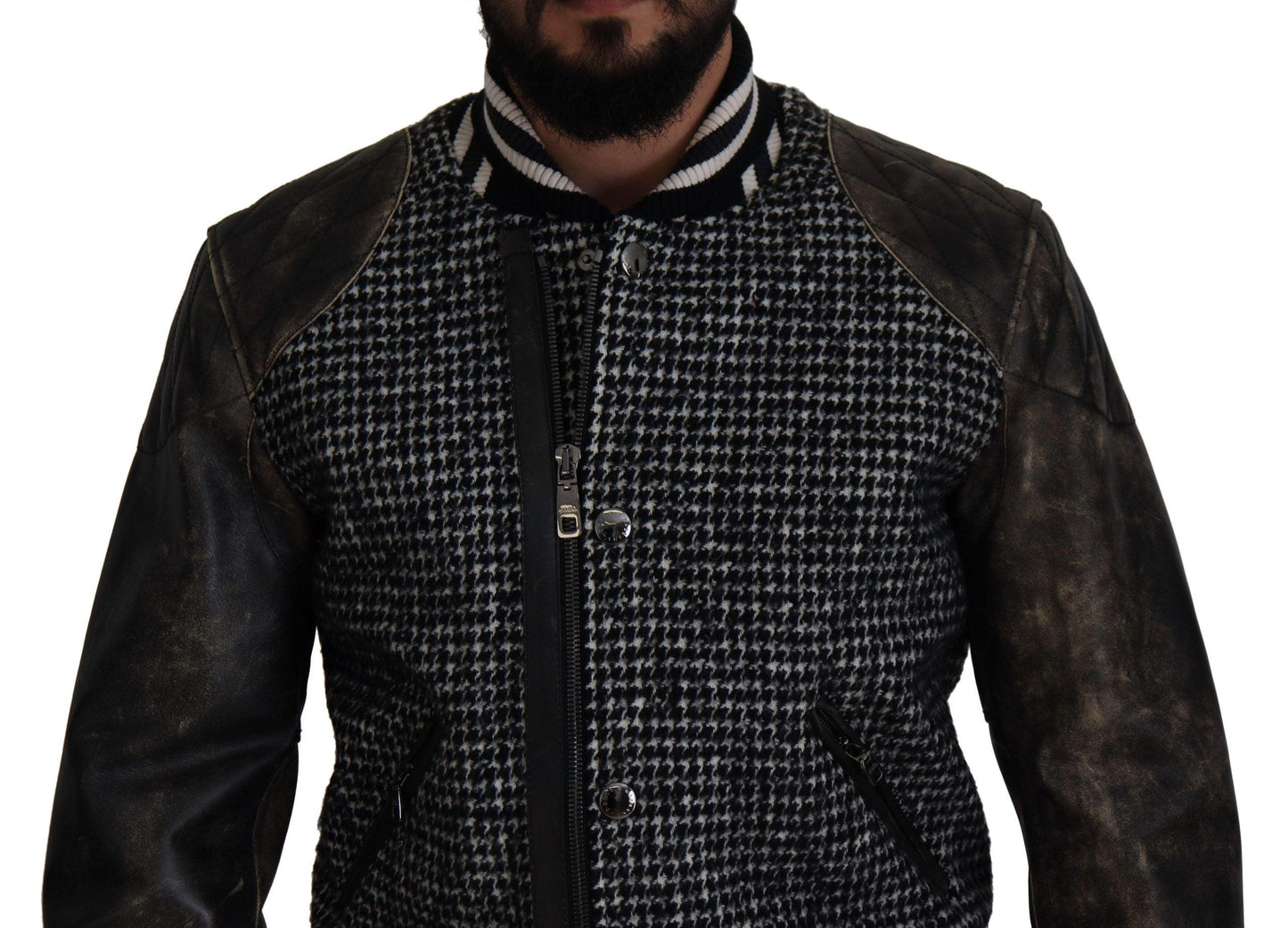 Dolce & Gabbana Multicolor Houndstooth Leather Bomber Jacket - Arichezz.store