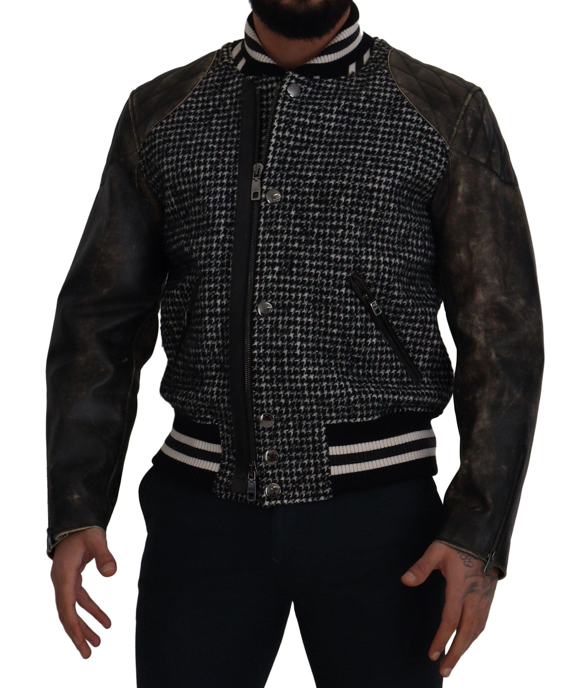 Dolce & Gabbana Multicolor Houndstooth Leather Bomber Jacket - Arichezz.store