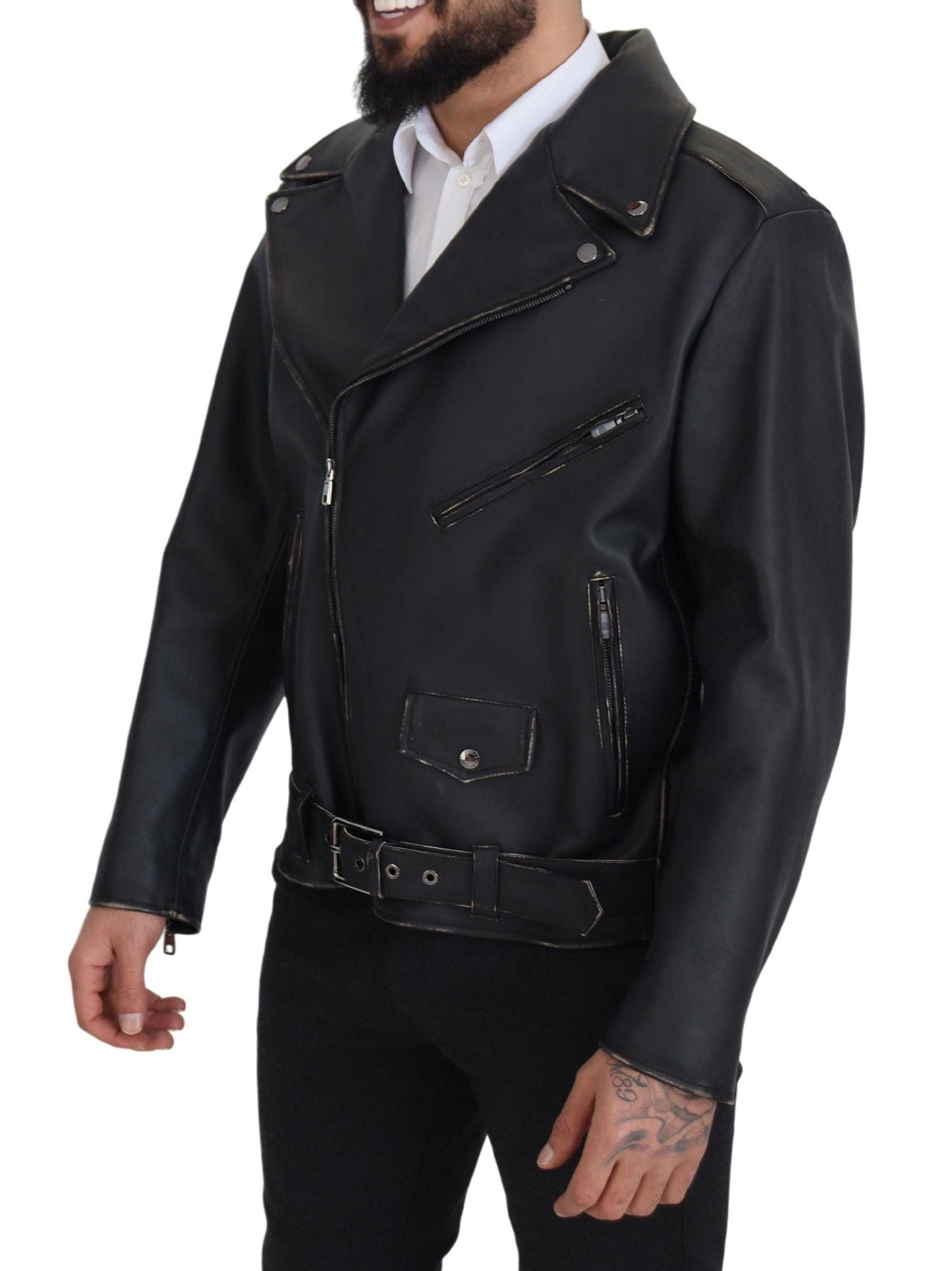 Dolce & Gabbana Elegant Black Leather Biker Jacket - Arichezz.store