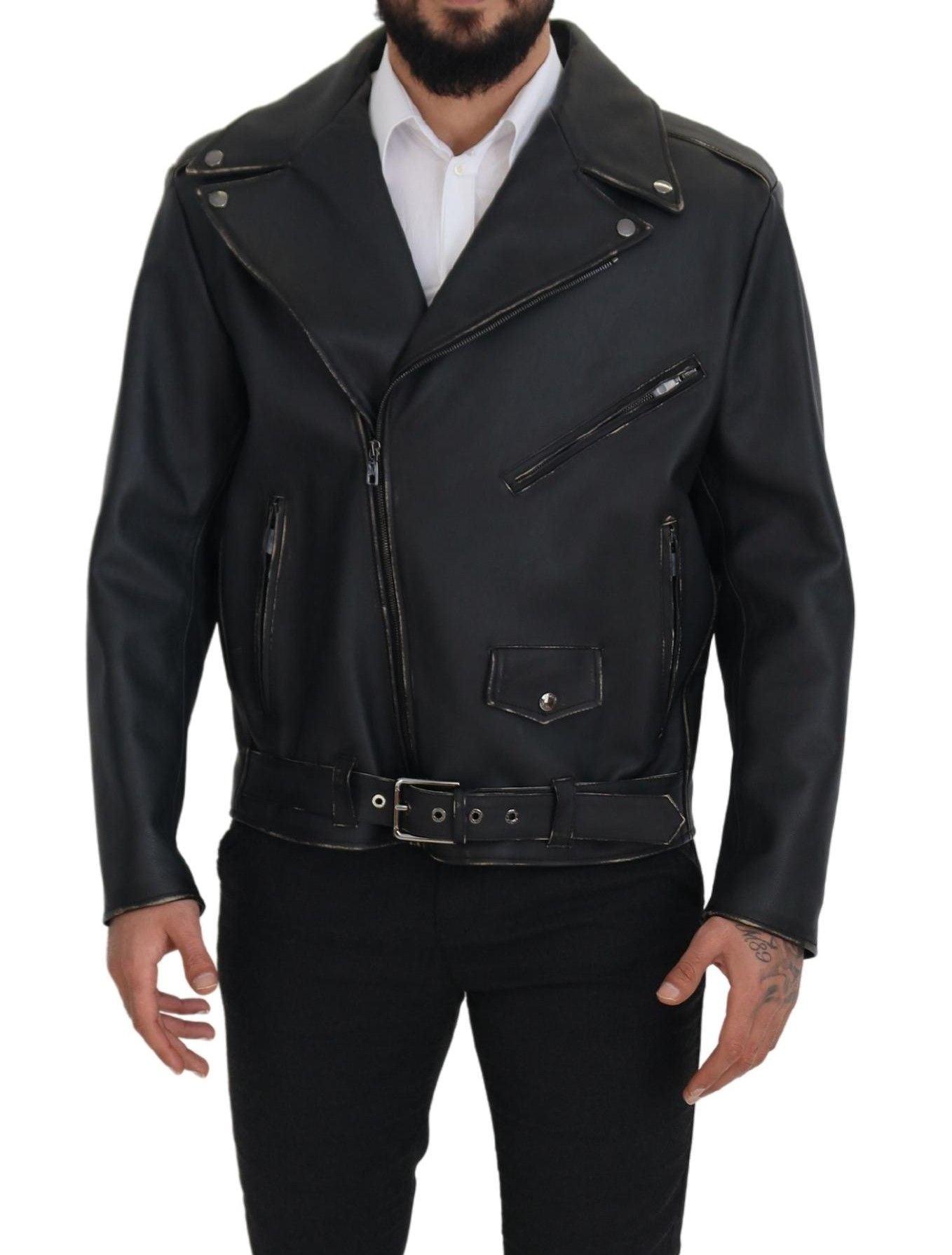 Dolce & Gabbana Elegant Black Leather Biker Jacket - Arichezz.store