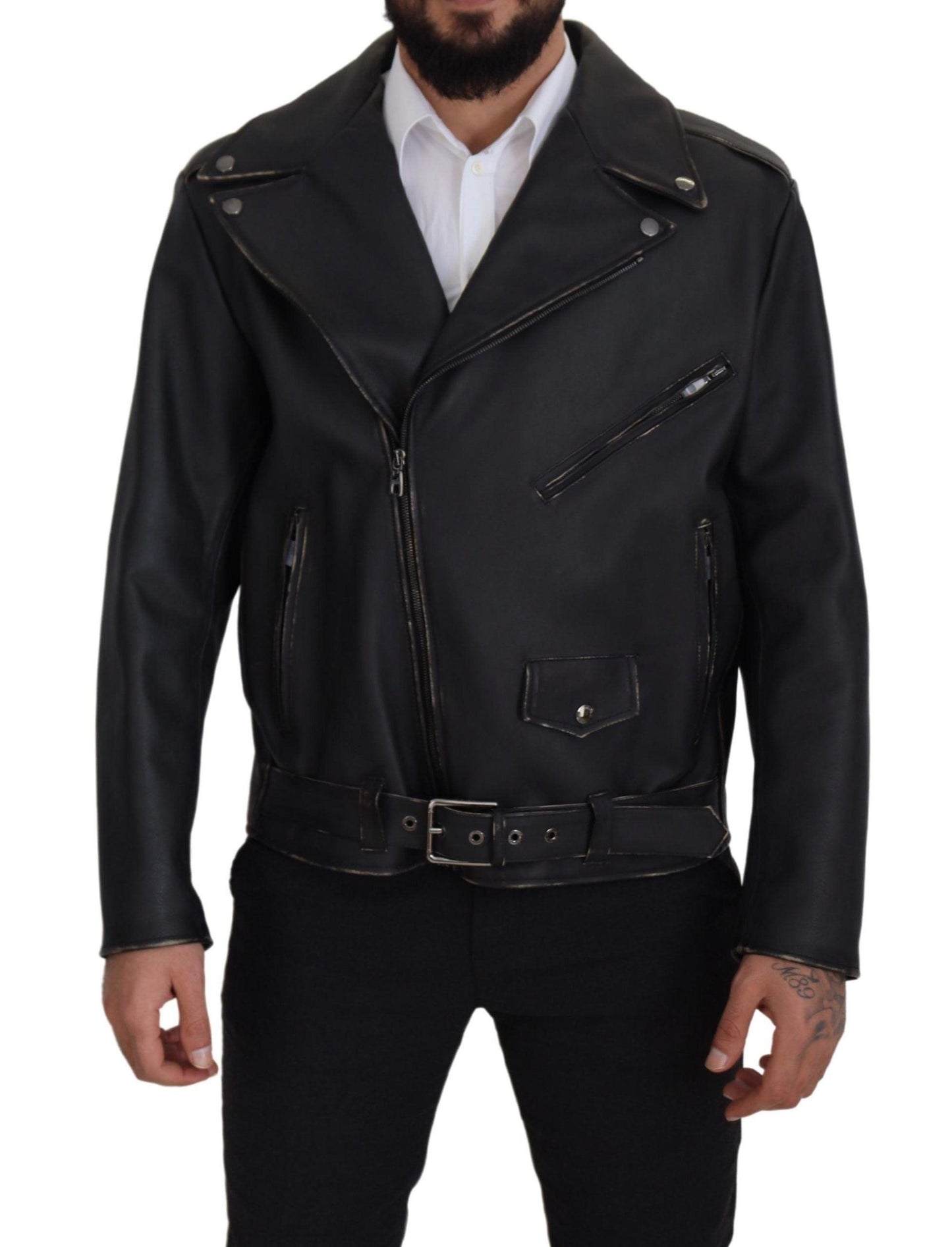 Dolce & Gabbana Elegant Black Leather Biker Jacket - Arichezz.store