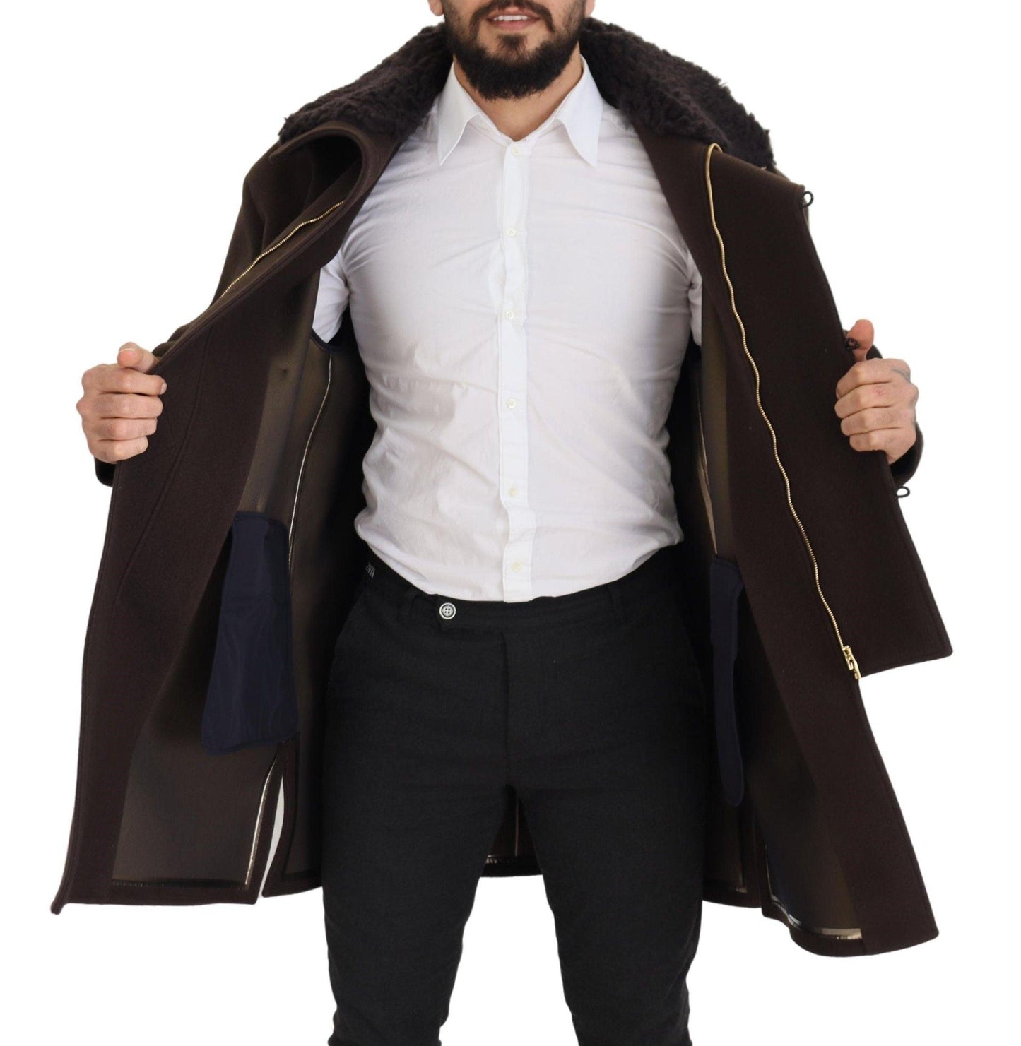 Dolce & Gabbana Elegant Dark Brown Shearling Coat Jacket - Arichezz.store