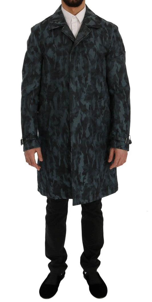 Dolce & Gabbana Blue Camouflage Trench Coat Elegance - Arichezz.store