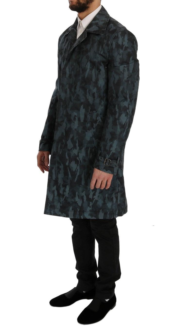 Dolce & Gabbana Blue Camouflage Trench Coat Elegance - Arichezz.store