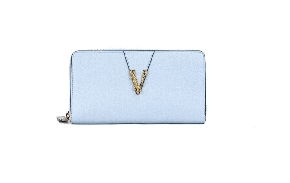 Versace Large Cornflower Grainy Leather Gold Monogram Zip Around Clutch Wallet - Arichezz.store