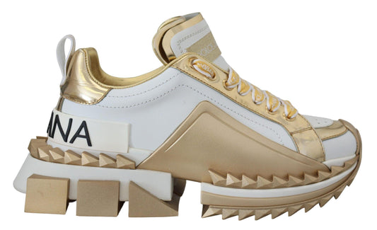 Dolce & Gabbana Elegant White and Gold Leather Sneakers - Arichezz.store