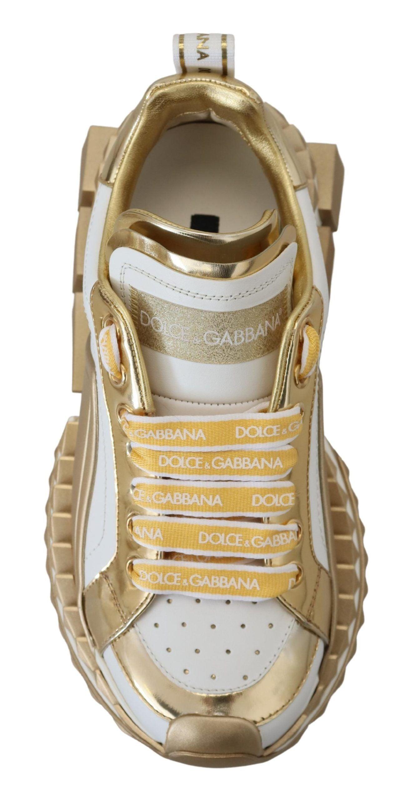 Dolce & Gabbana Elegant White and Gold Leather Sneakers - Arichezz.store