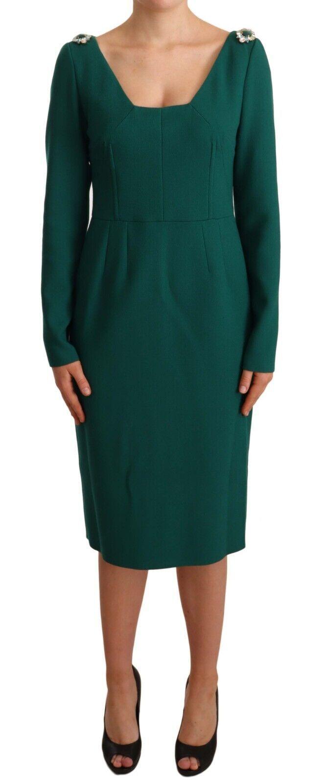 Dolce & Gabbana Emerald Green Midi Sheath Dress with Crystal Brooch - Arichezz.store