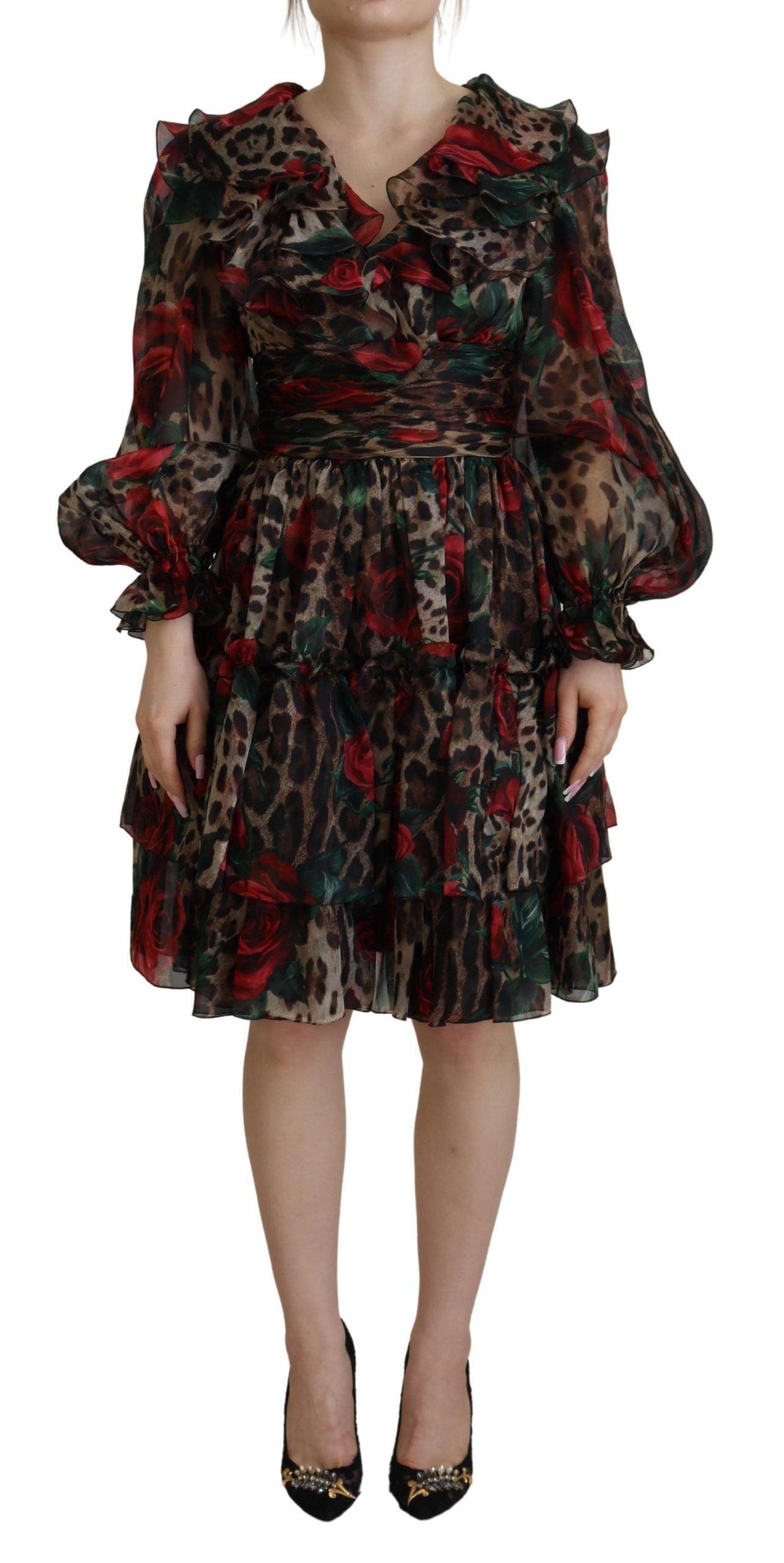 Dolce & Gabbana Silk Leopard Print & Red Roses Dress - Arichezz.store