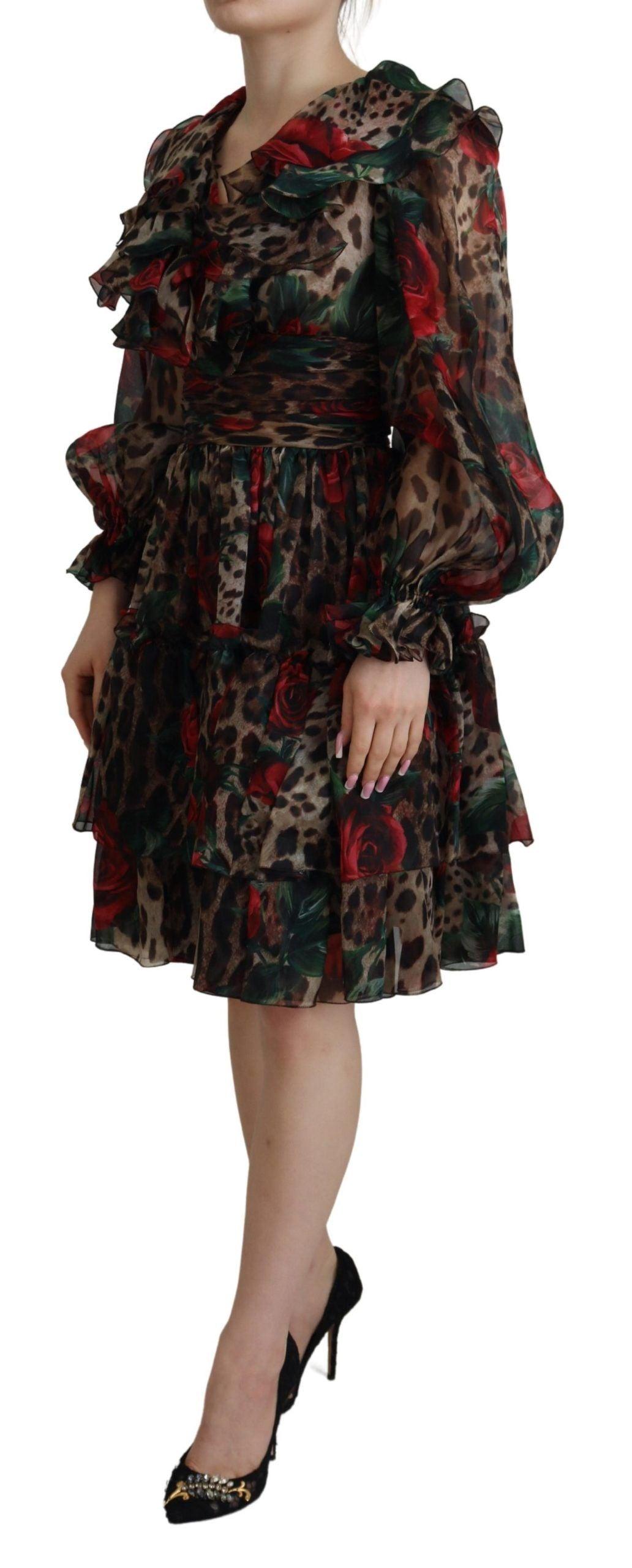 Dolce & Gabbana Silk Leopard Print & Red Roses Dress - Arichezz.store