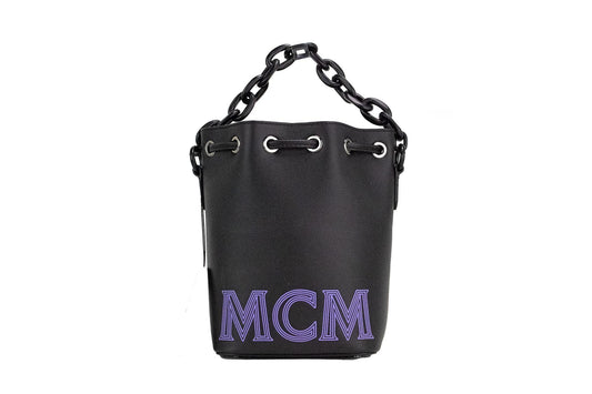 MCM Mini Black Purple Smooth Leather Chain Shoulder Drawstring Bucket Handbag - Arichezz.store