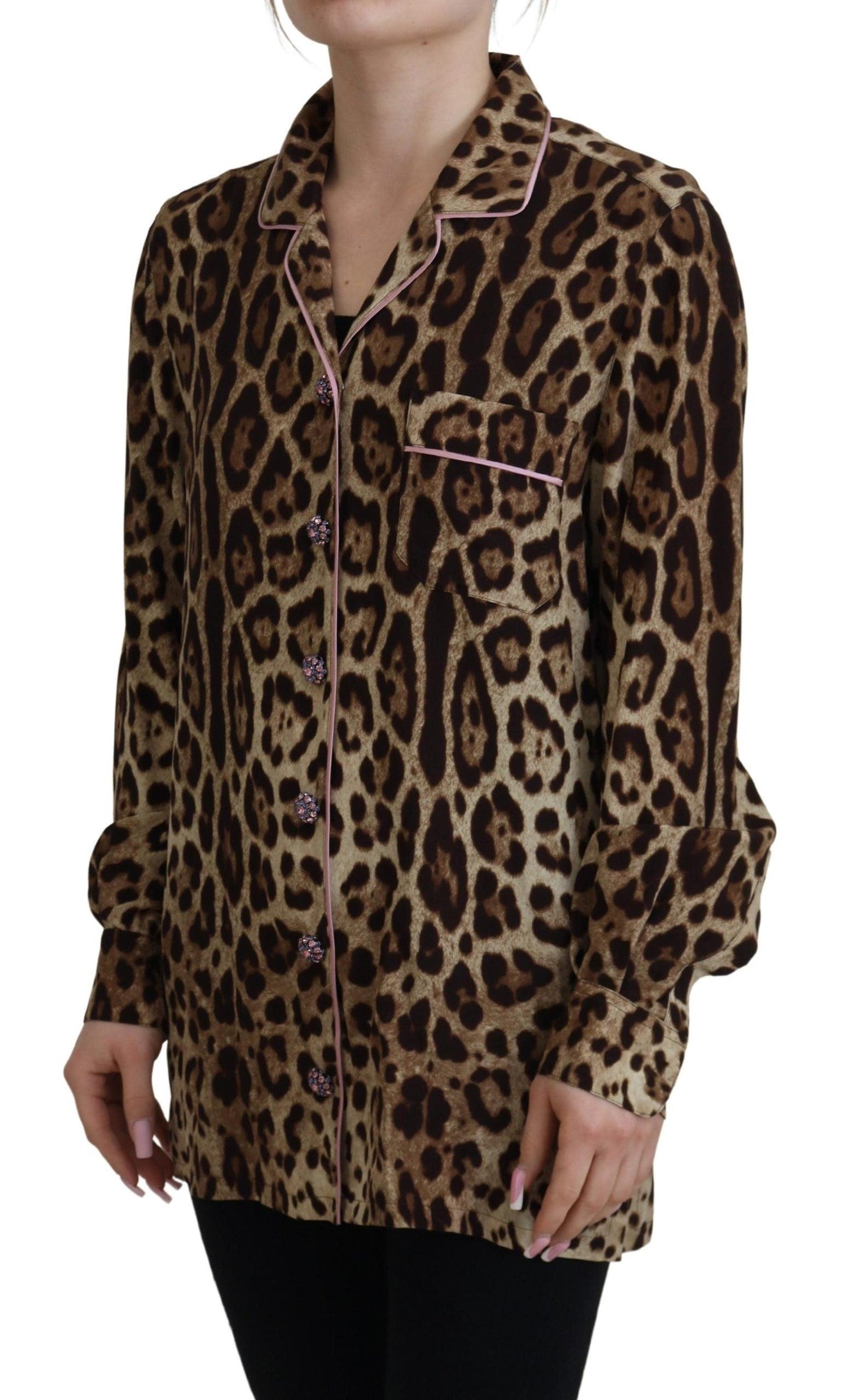 Dolce & Gabbana Elegant Silk Leopard Print Collared Top - Arichezz.store