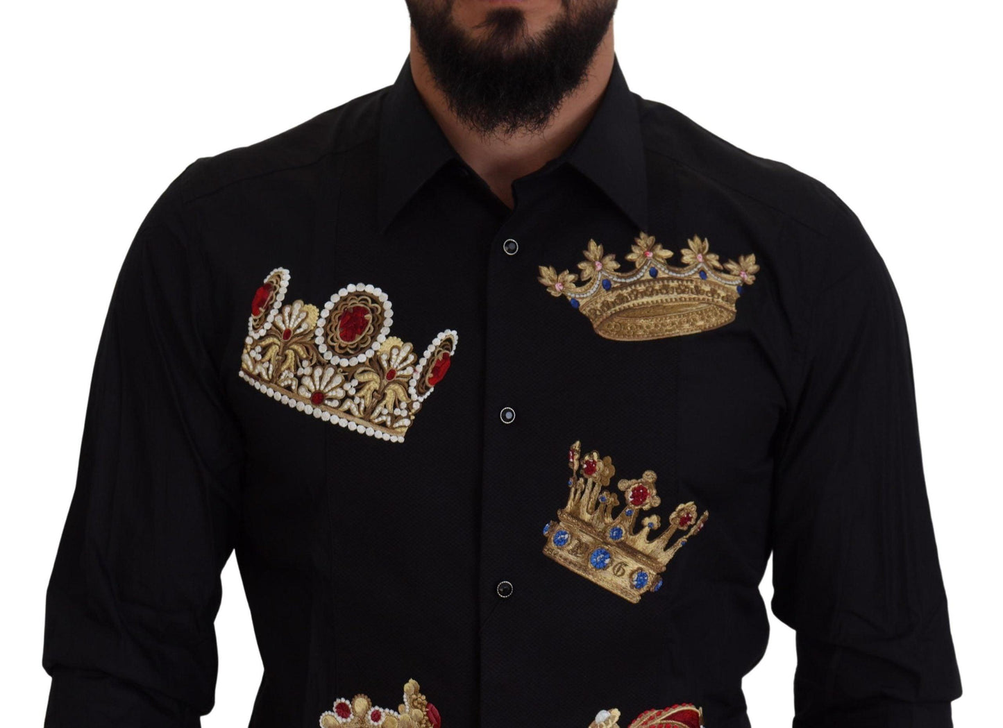 Dolce & Gabbana Elegant Black Slim Fit Dress Shirt with Crown Embroidery - Arichezz.store