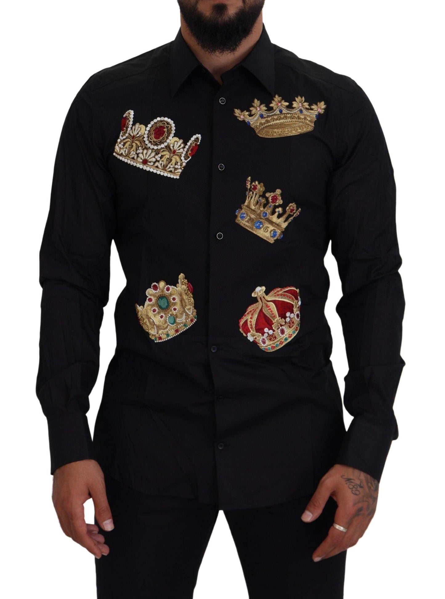 Dolce & Gabbana Elegant Black Slim Fit Dress Shirt with Crown Embroidery - Arichezz.store