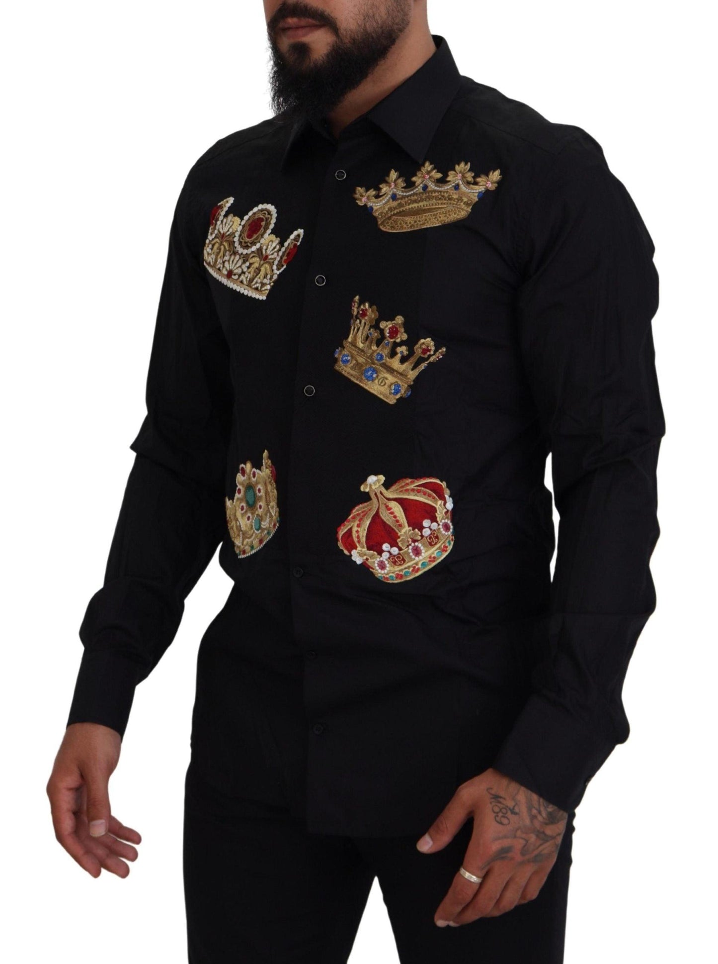 Dolce & Gabbana Elegant Black Slim Fit Dress Shirt with Crown Embroidery - Arichezz.store