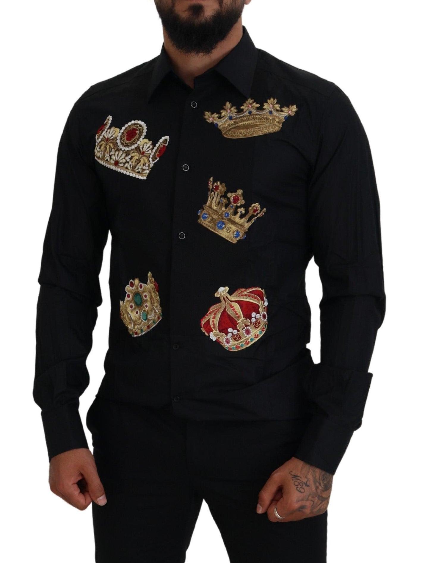 Dolce & Gabbana Elegant Black Slim Fit Dress Shirt with Crown Embroidery - Arichezz.store