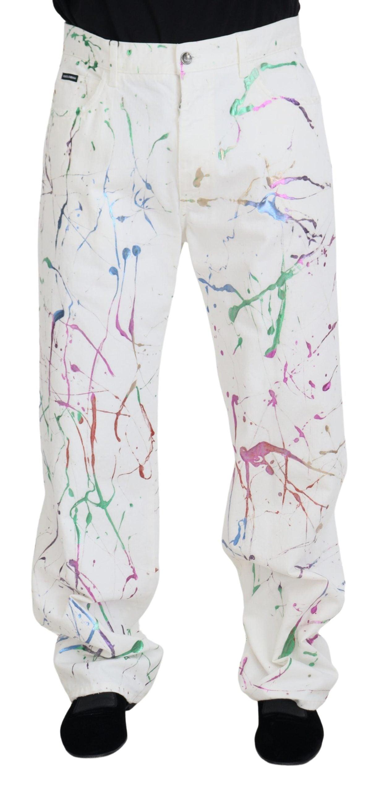 Dolce & Gabbana Chic White Splash Print Denim Pants - Arichezz.store