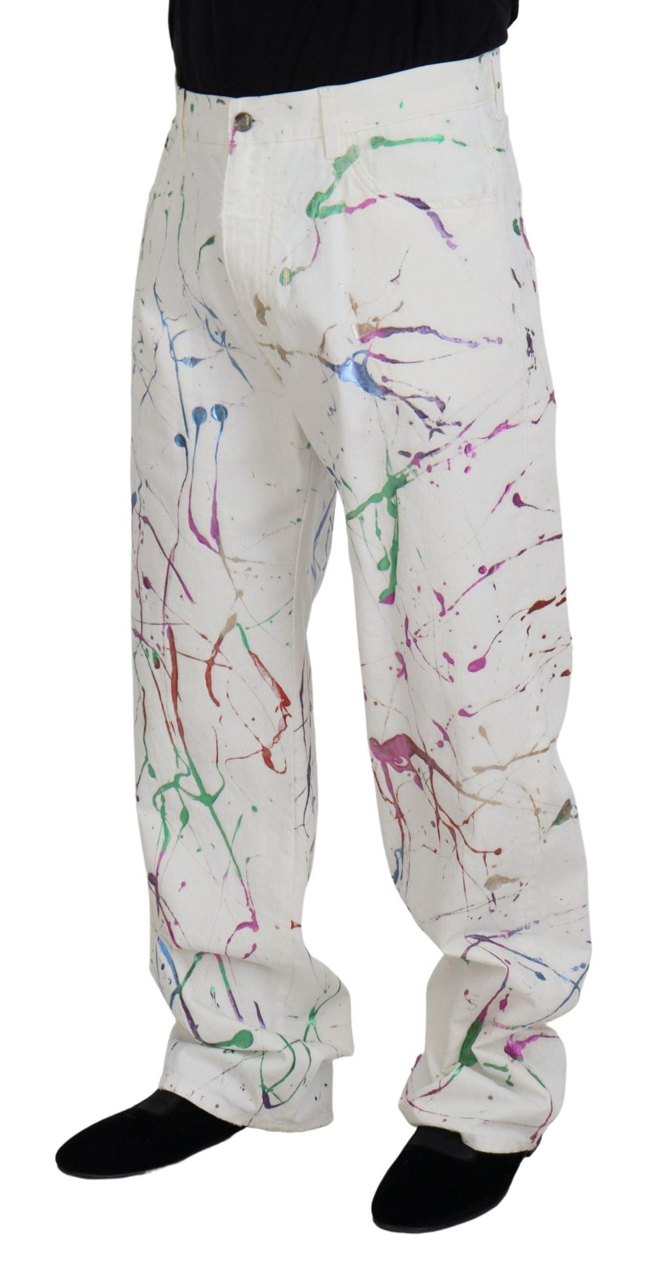 Dolce & Gabbana Chic White Splash Print Denim Pants - Arichezz.store