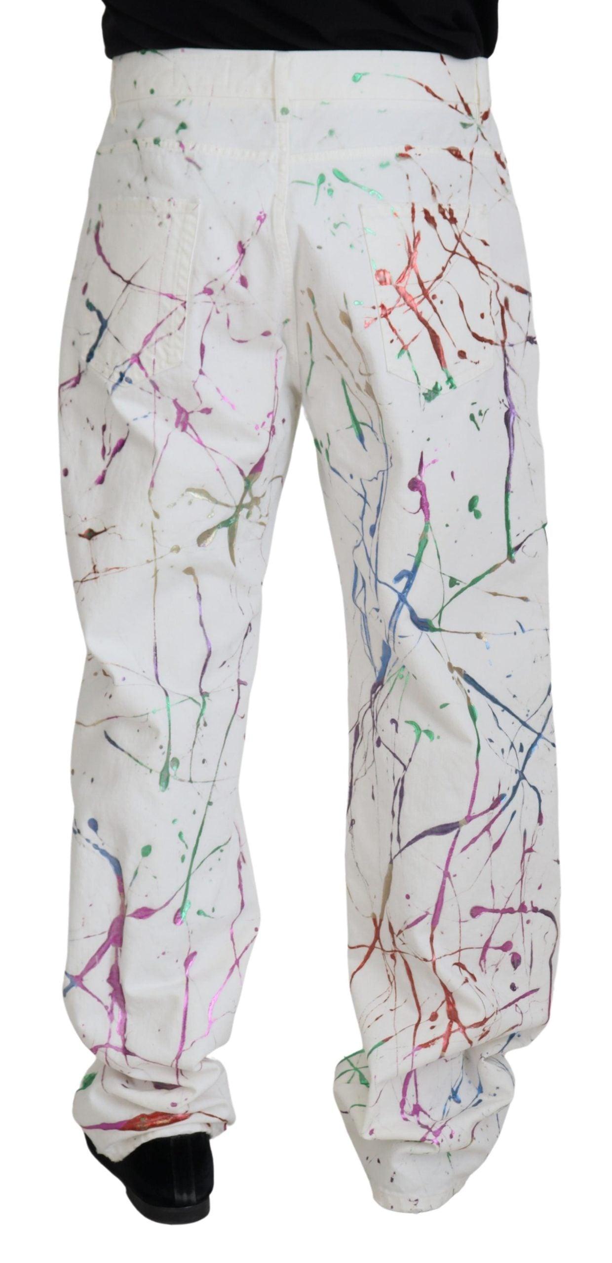 Dolce & Gabbana Chic White Splash Print Denim Pants - Arichezz.store