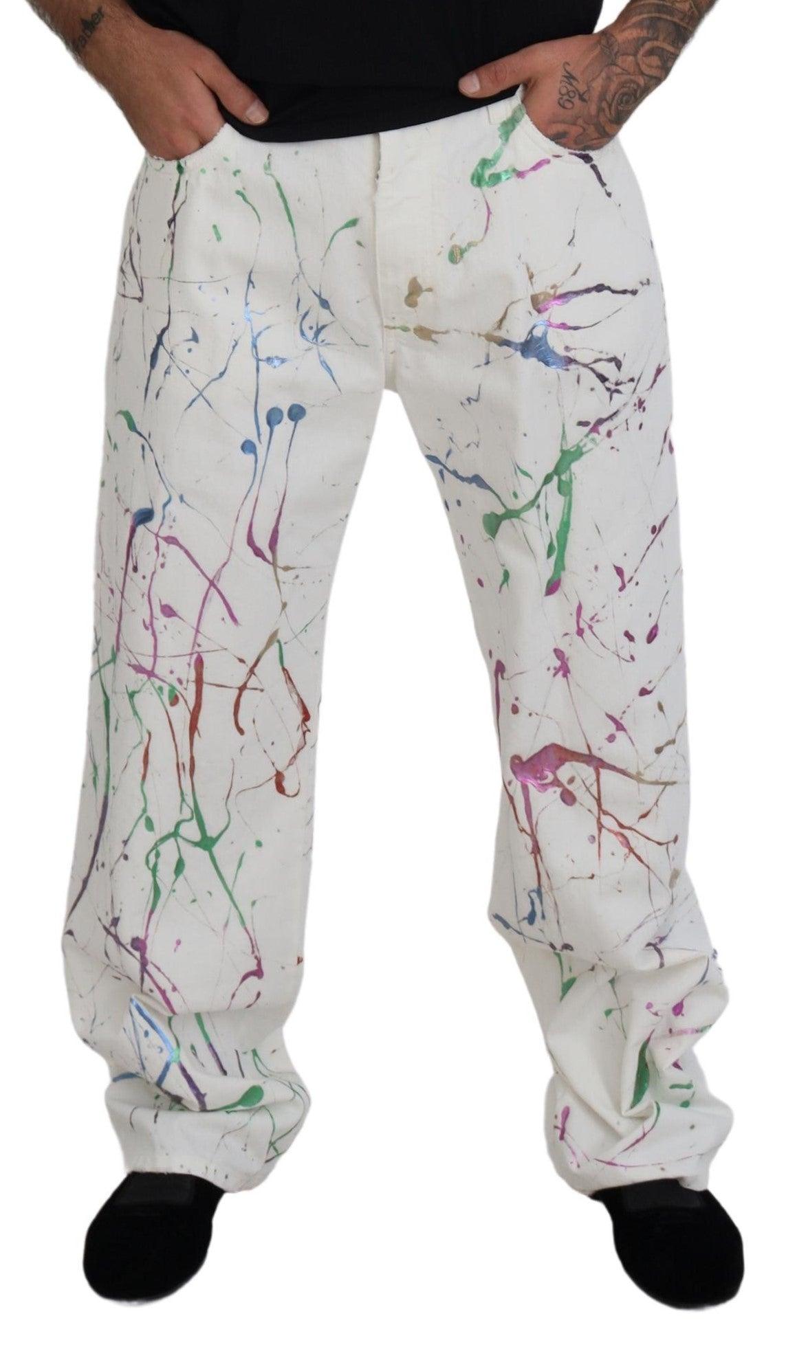 Dolce & Gabbana Chic White Splash Print Denim Pants - Arichezz.store