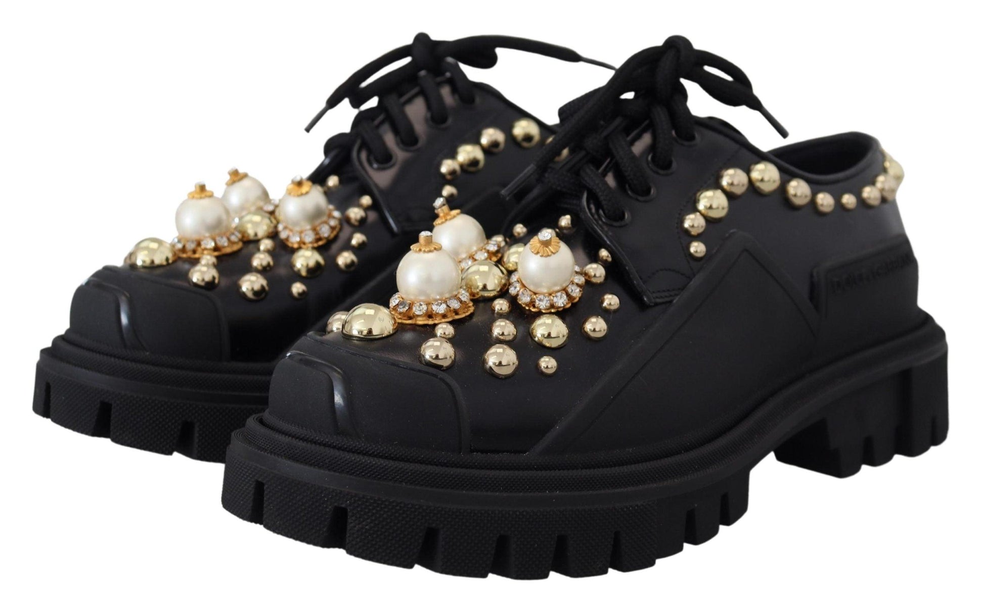 Dolce & Gabbana Timeless Black Leather Derby Flats with Glam Accents - Arichezz.store