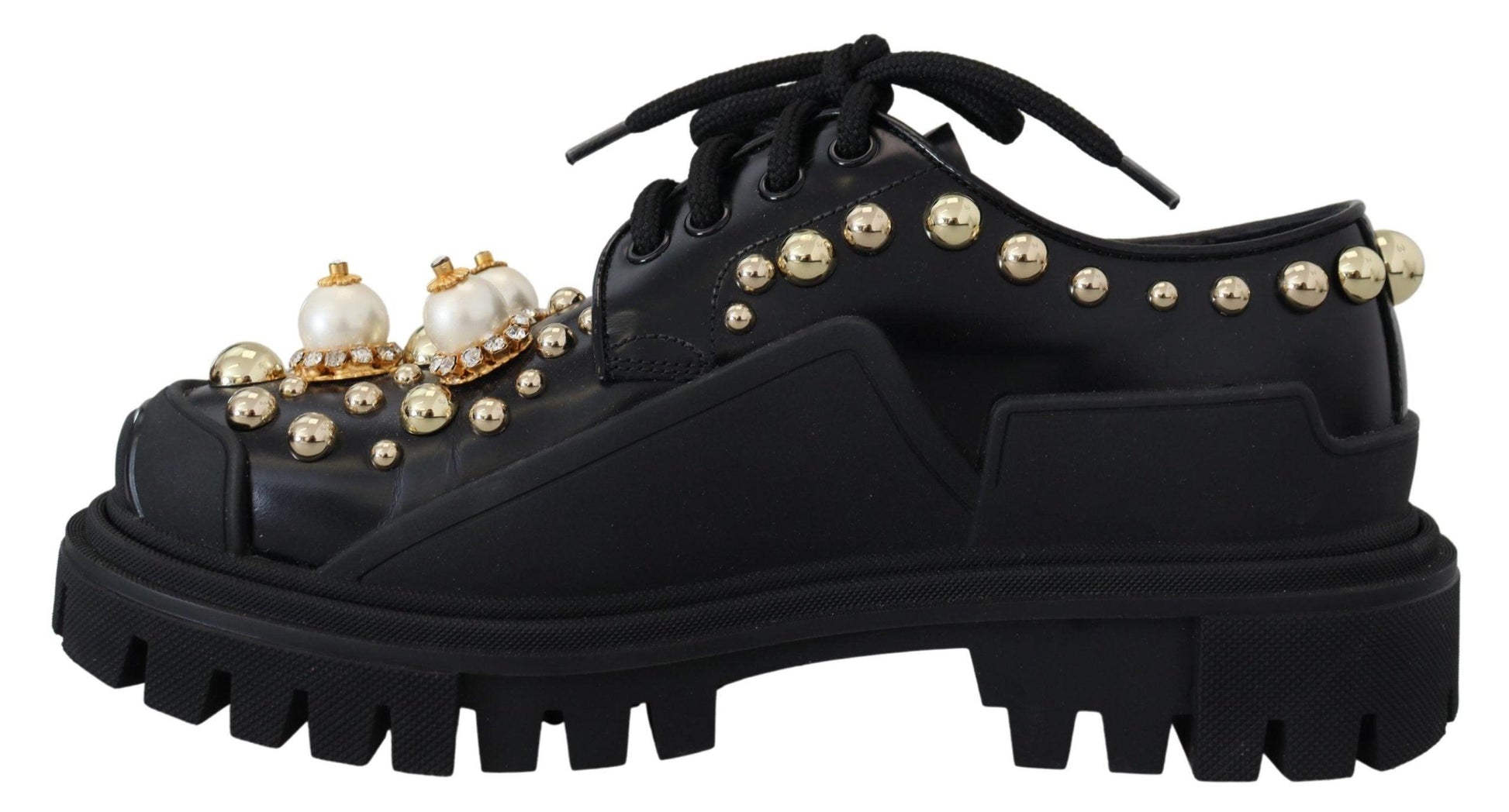 Dolce & Gabbana Timeless Black Leather Derby Flats with Glam Accents - Arichezz.store