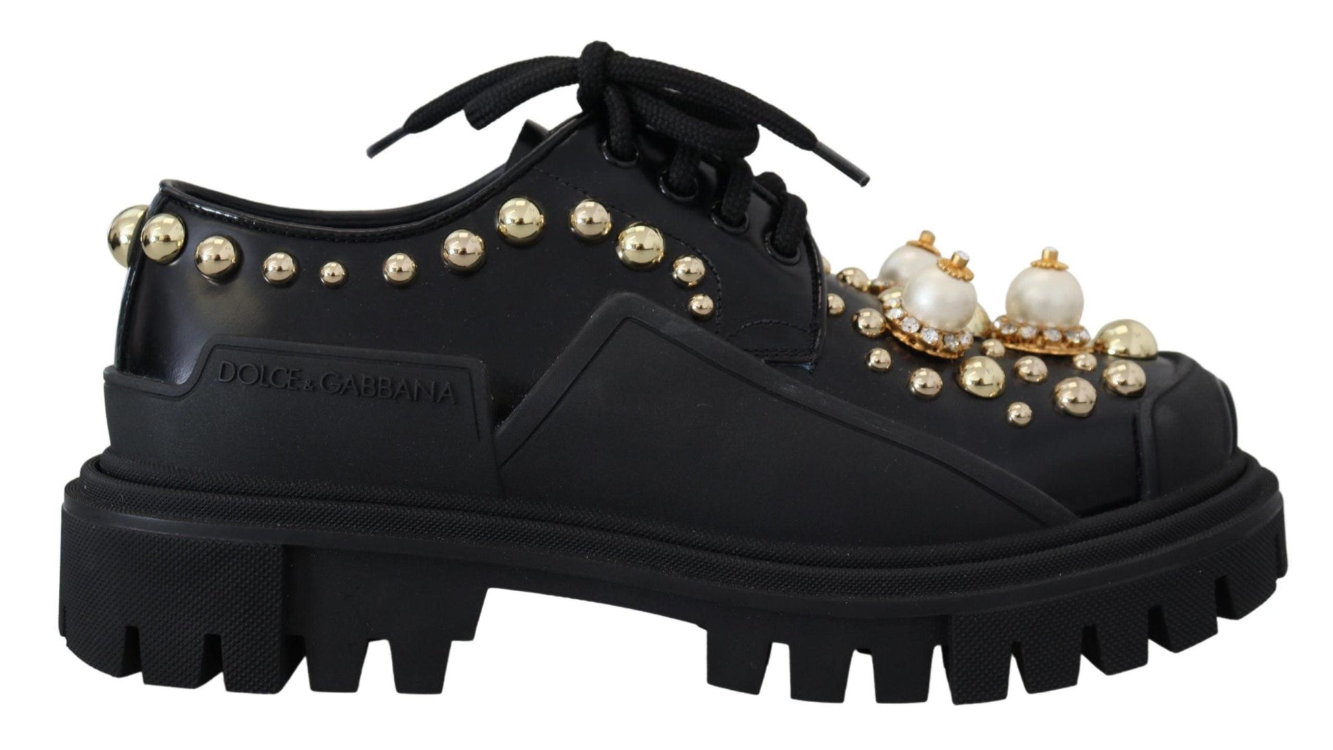 Dolce & Gabbana Timeless Black Leather Derby Flats with Glam Accents - Arichezz.store